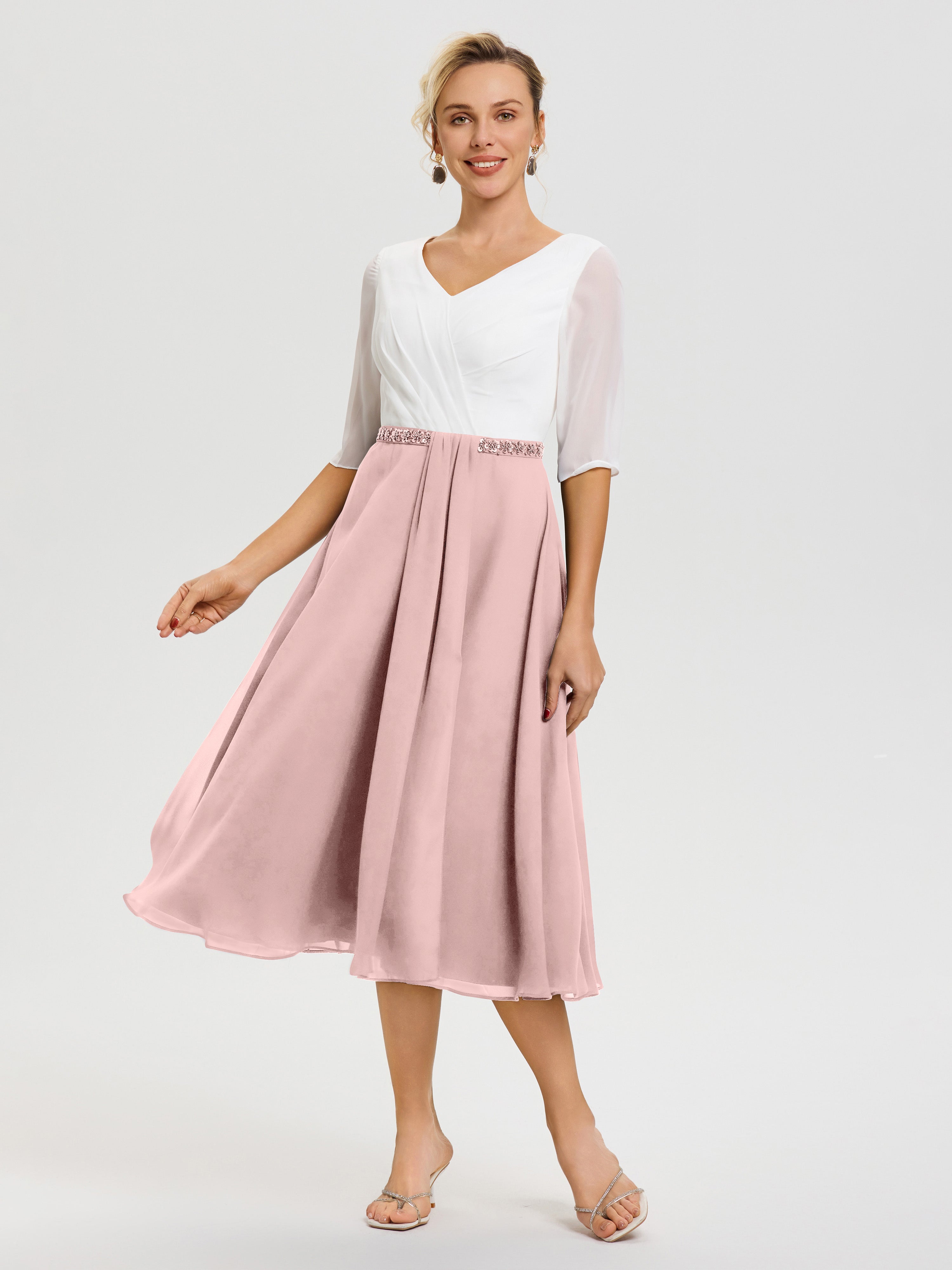 Robe Mere Dela Mariee Rose Poudré Col V Mousseline & Dentelle Demi Manches Robe De La Mère Du Marié