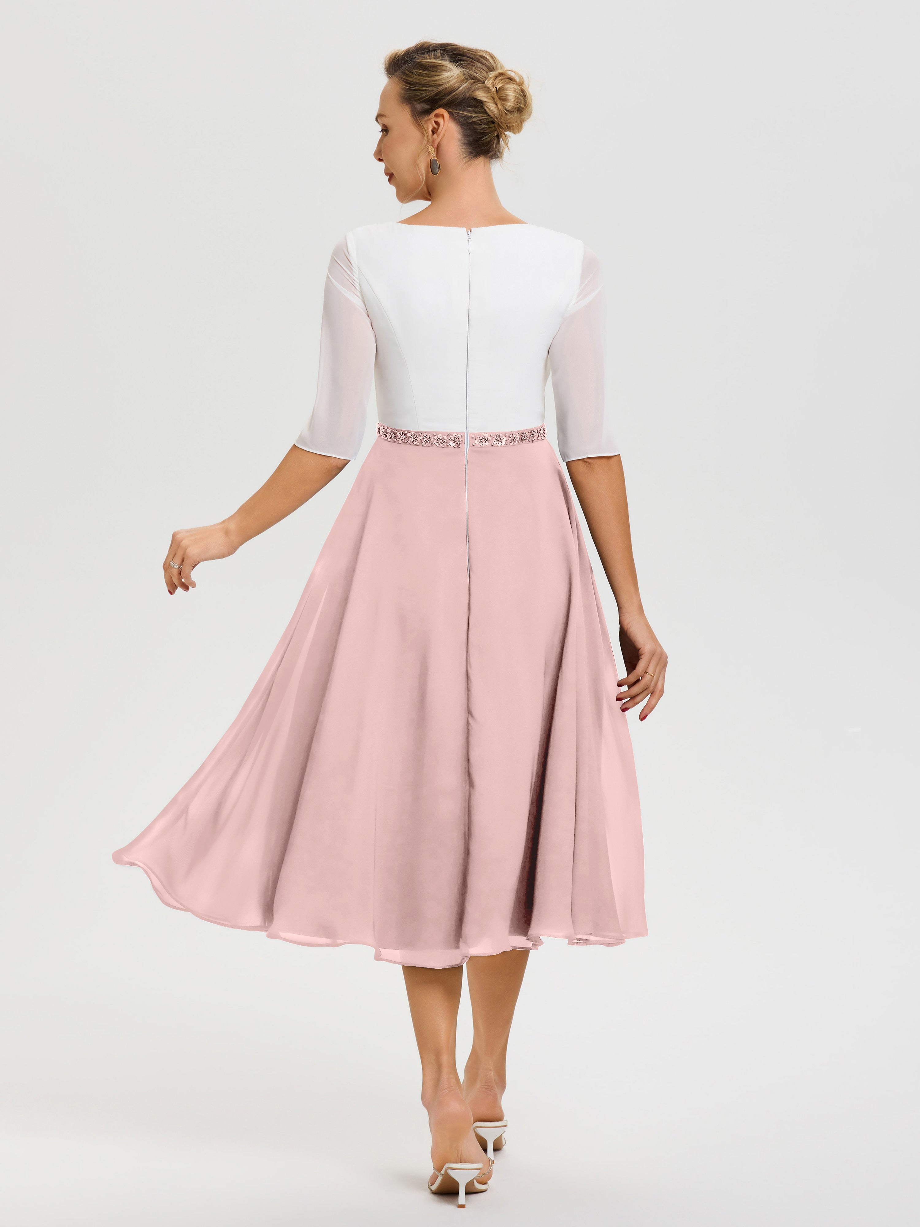 Robe Mere Dela Mariee Rose Poudré Col V Mousseline & Dentelle Demi Manches Robe De La Mère Du Marié