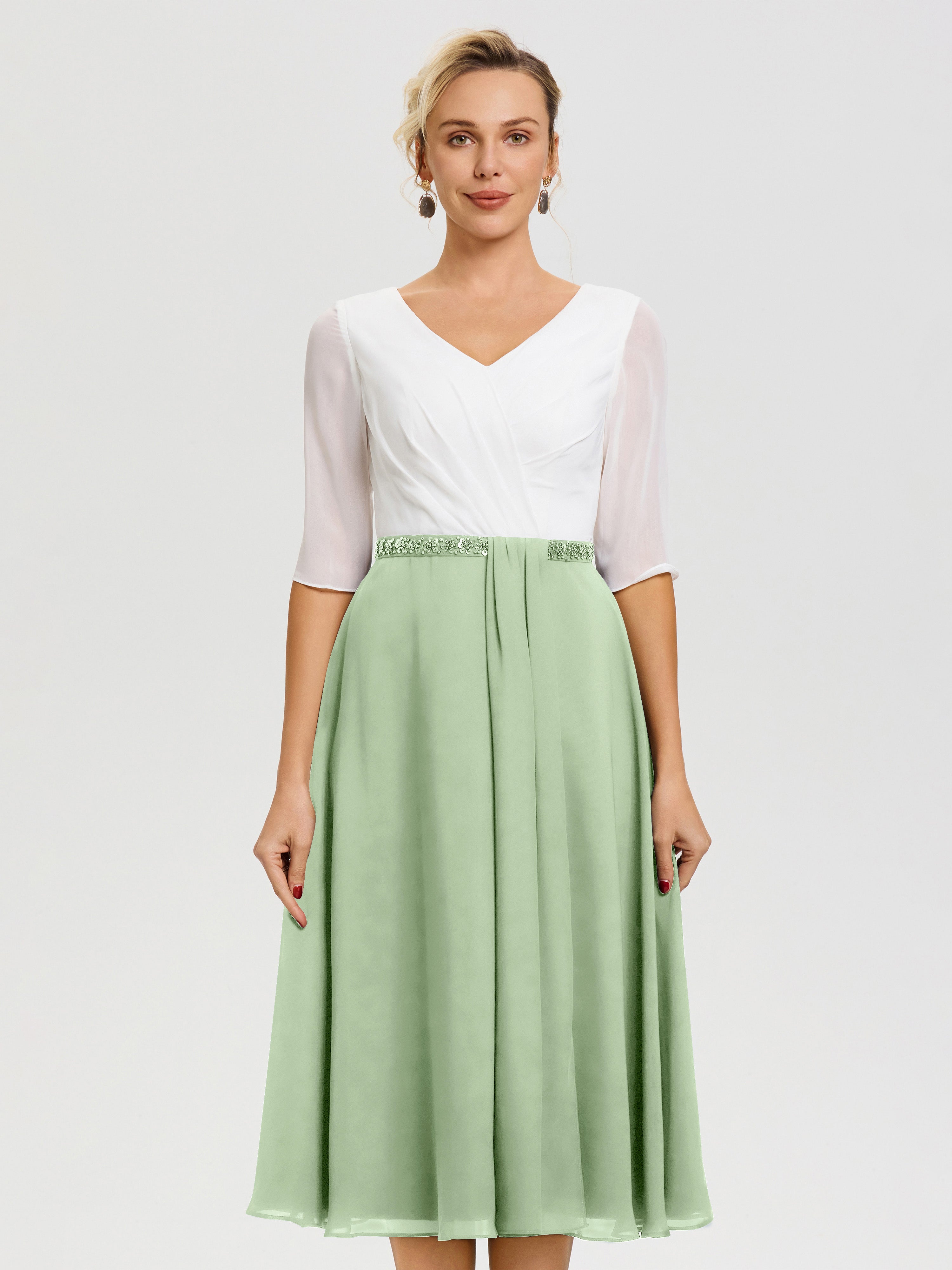 Robe De Mère De Mariée Moderne Sauge Poudrée Col V Mousseline & Dentelle Demi Manches Robe De La Mère Du Marié