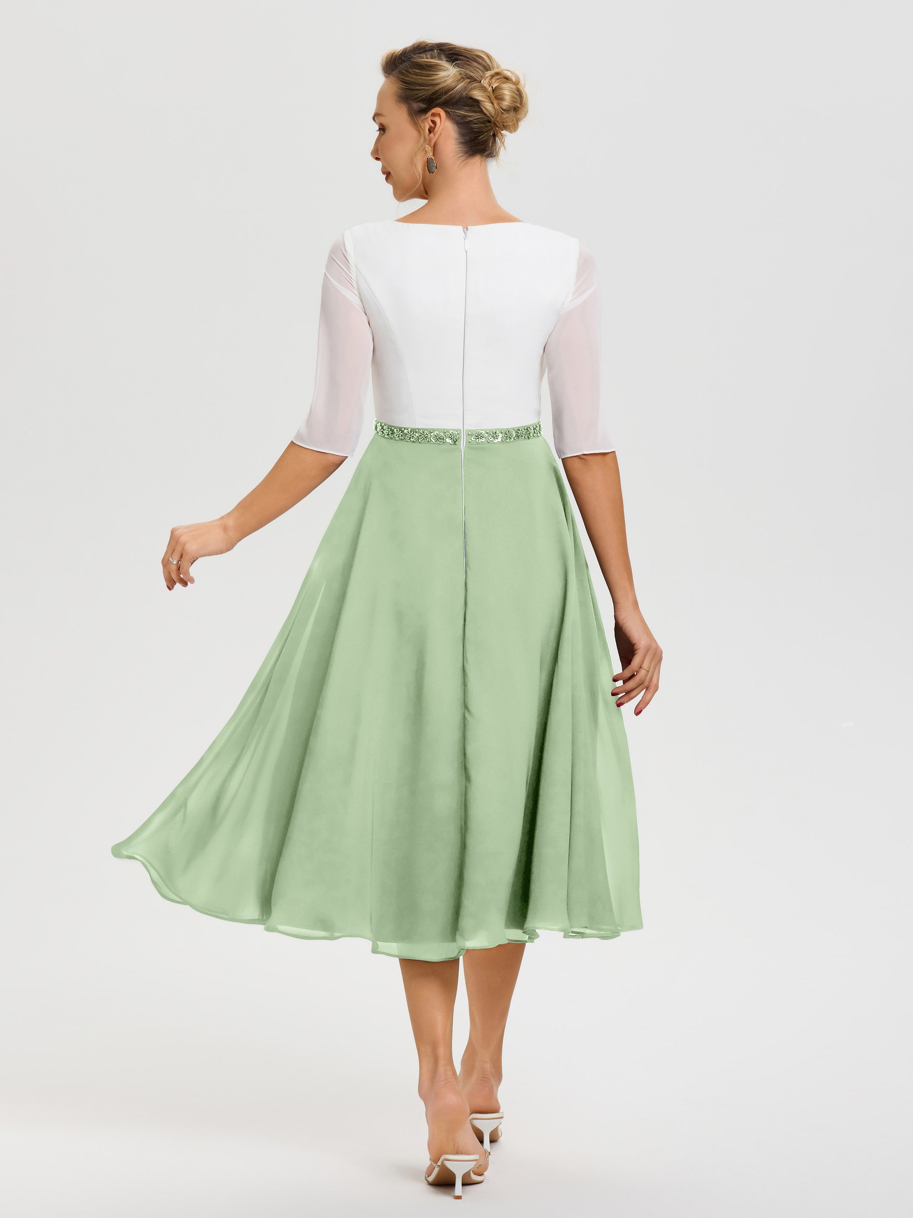 Robe De Mère De Mariée Moderne Sauge Poudrée Col V Mousseline & Dentelle Demi Manches Robe De La Mère Du Marié
