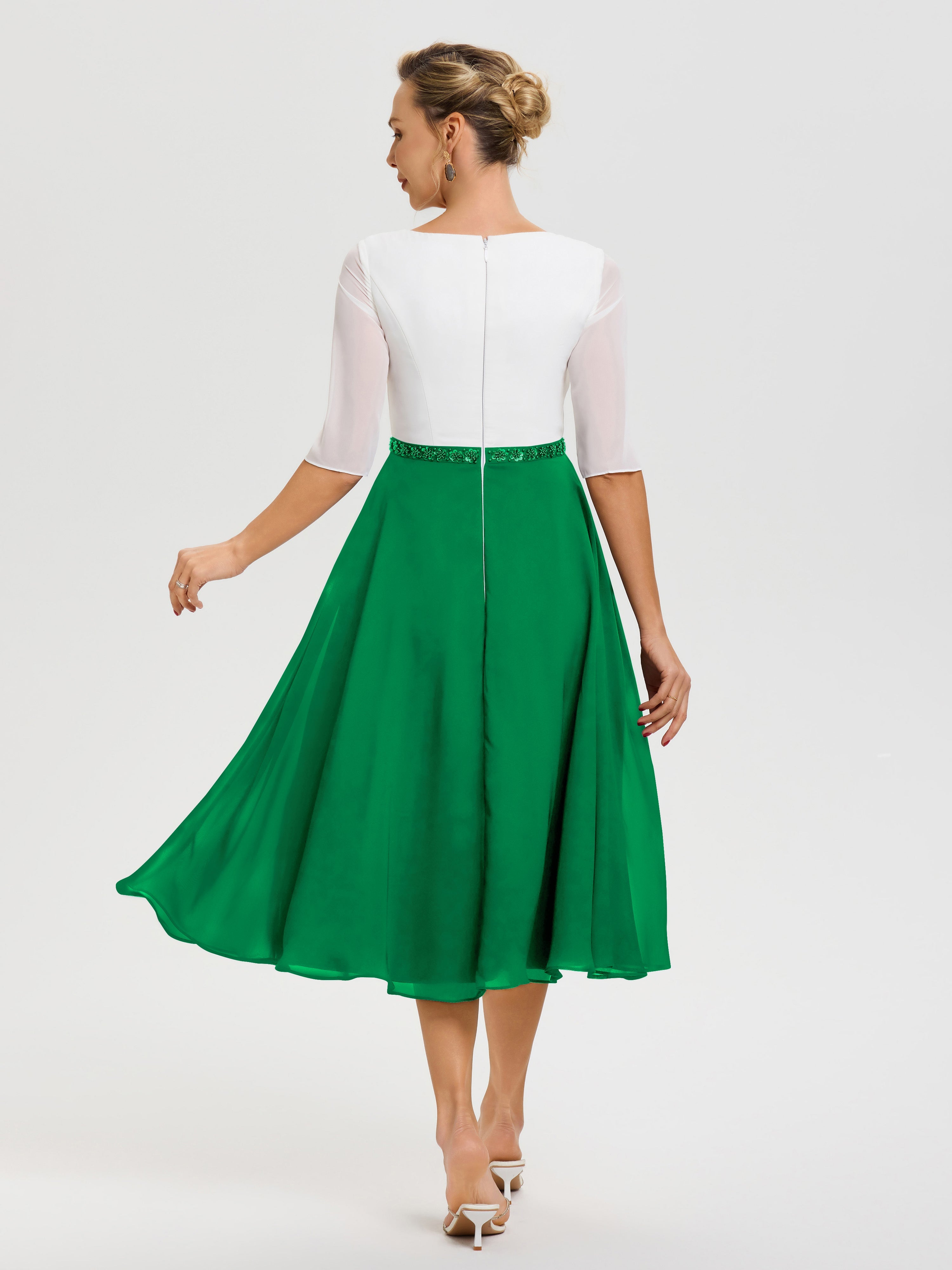 Robe Mère De La Mariée Chic Emeraude Col V Mousseline & Dentelle Demi Manches Robe De La Mère Du Marié