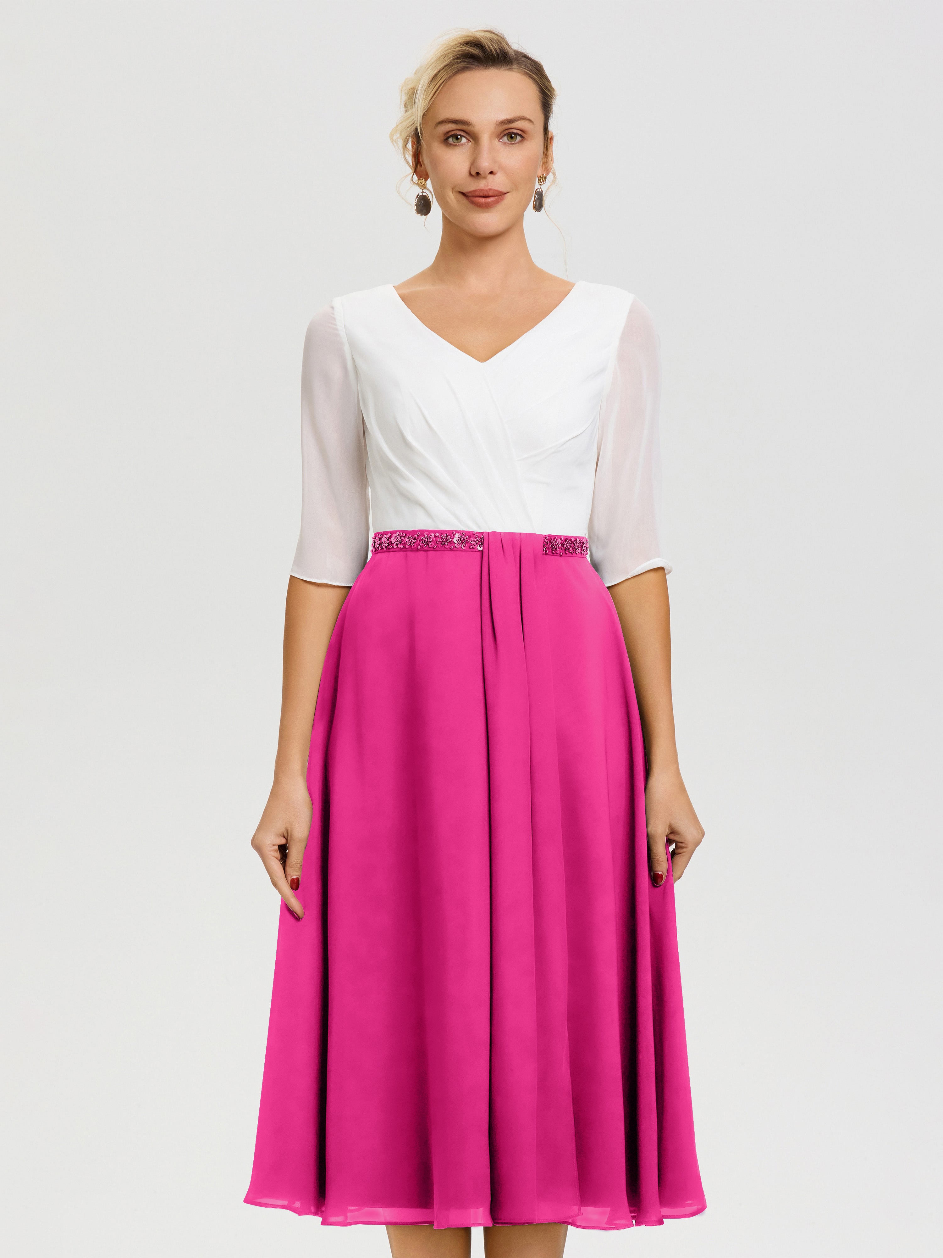 Robe De La Mère De La Mariée Fuchsia Col V Mousseline & Dentelle Demi Manches Robe De La Mère Du Marié