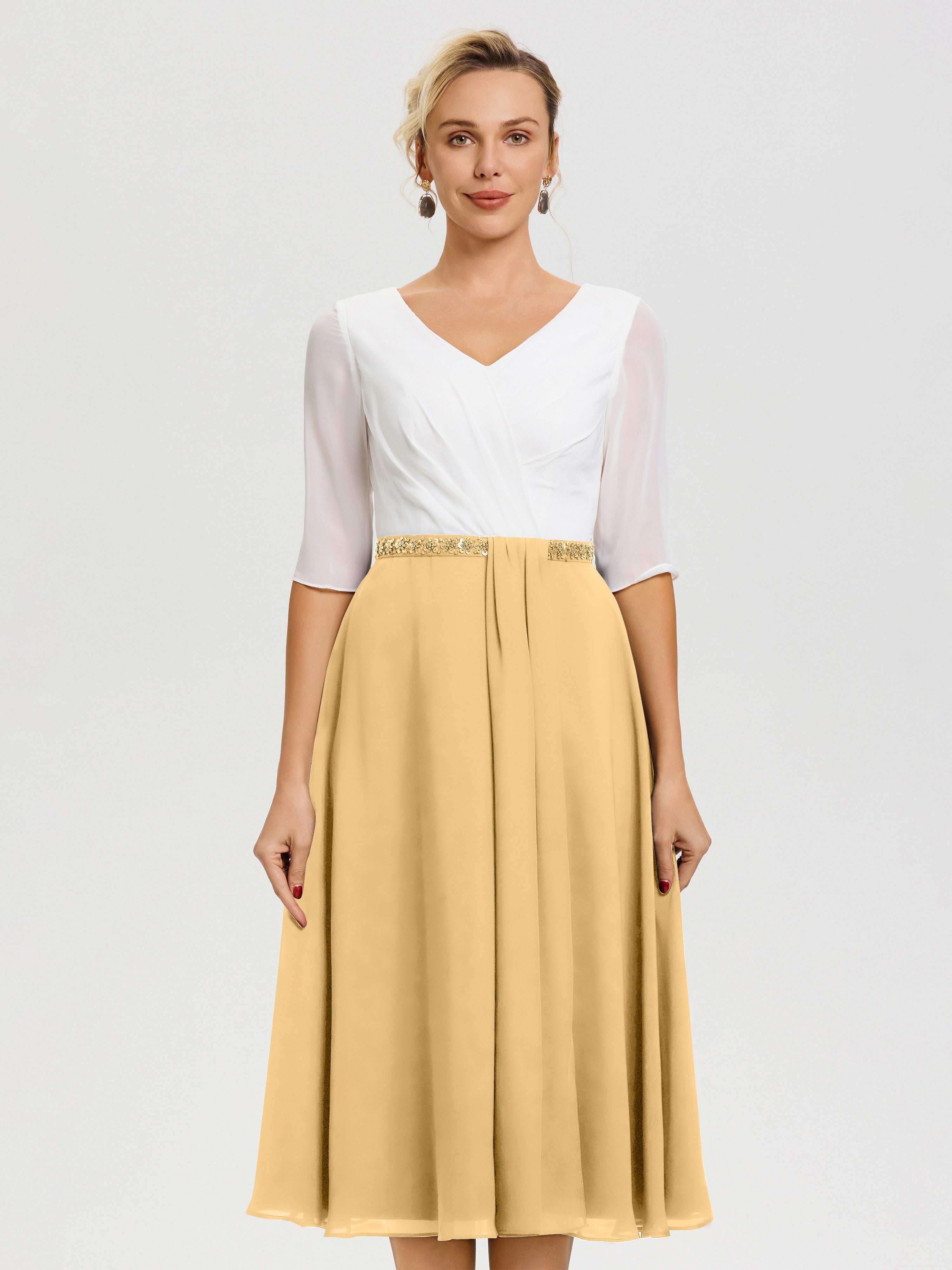 Robe Mariage Mère Du Marié Or Col V Mousseline & Dentelle Demi Manches Robe De La Mère Du Marié