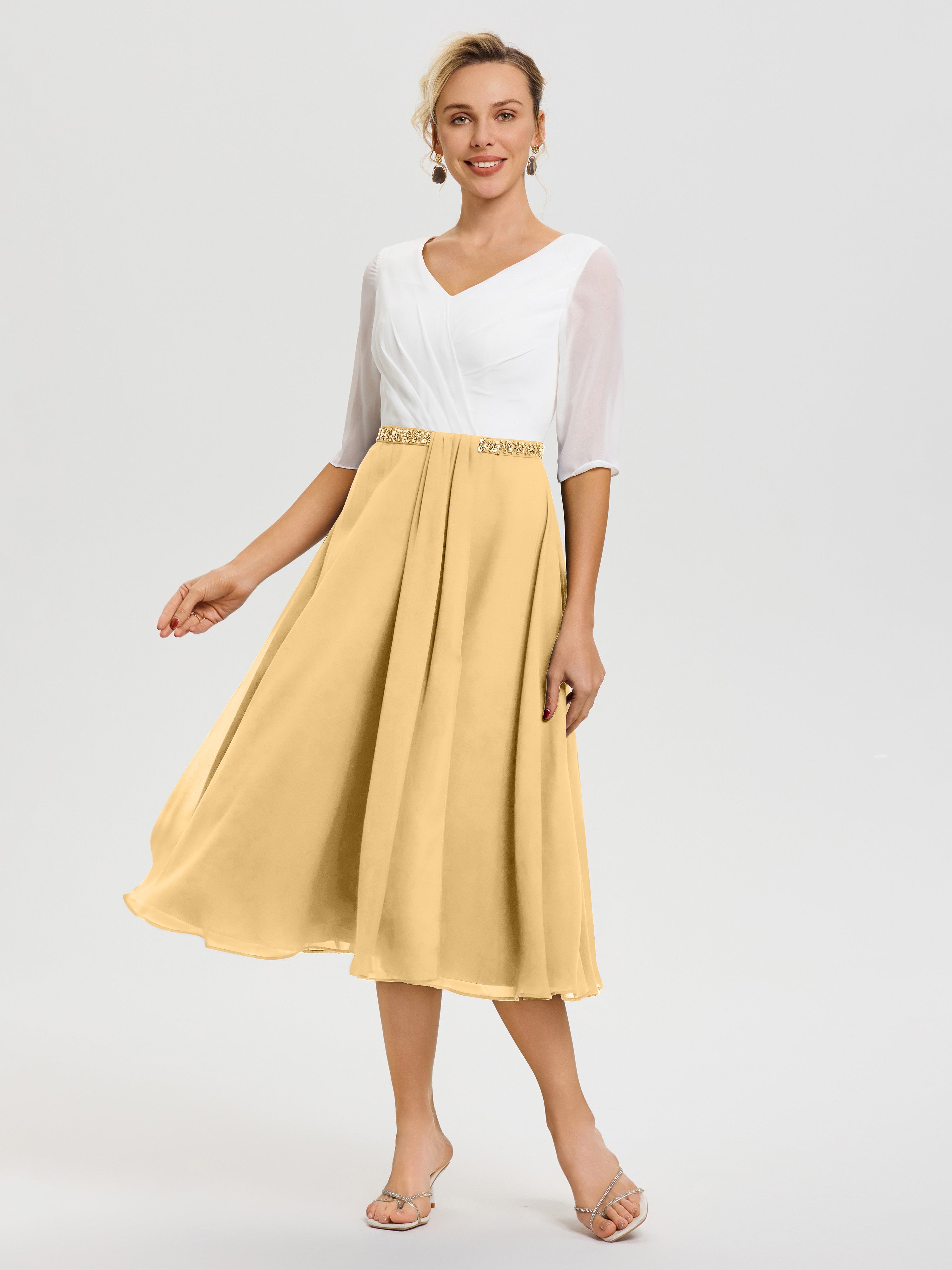 Robe Mariage Mère Du Marié Or Col V Mousseline & Dentelle Demi Manches Robe De La Mère Du Marié