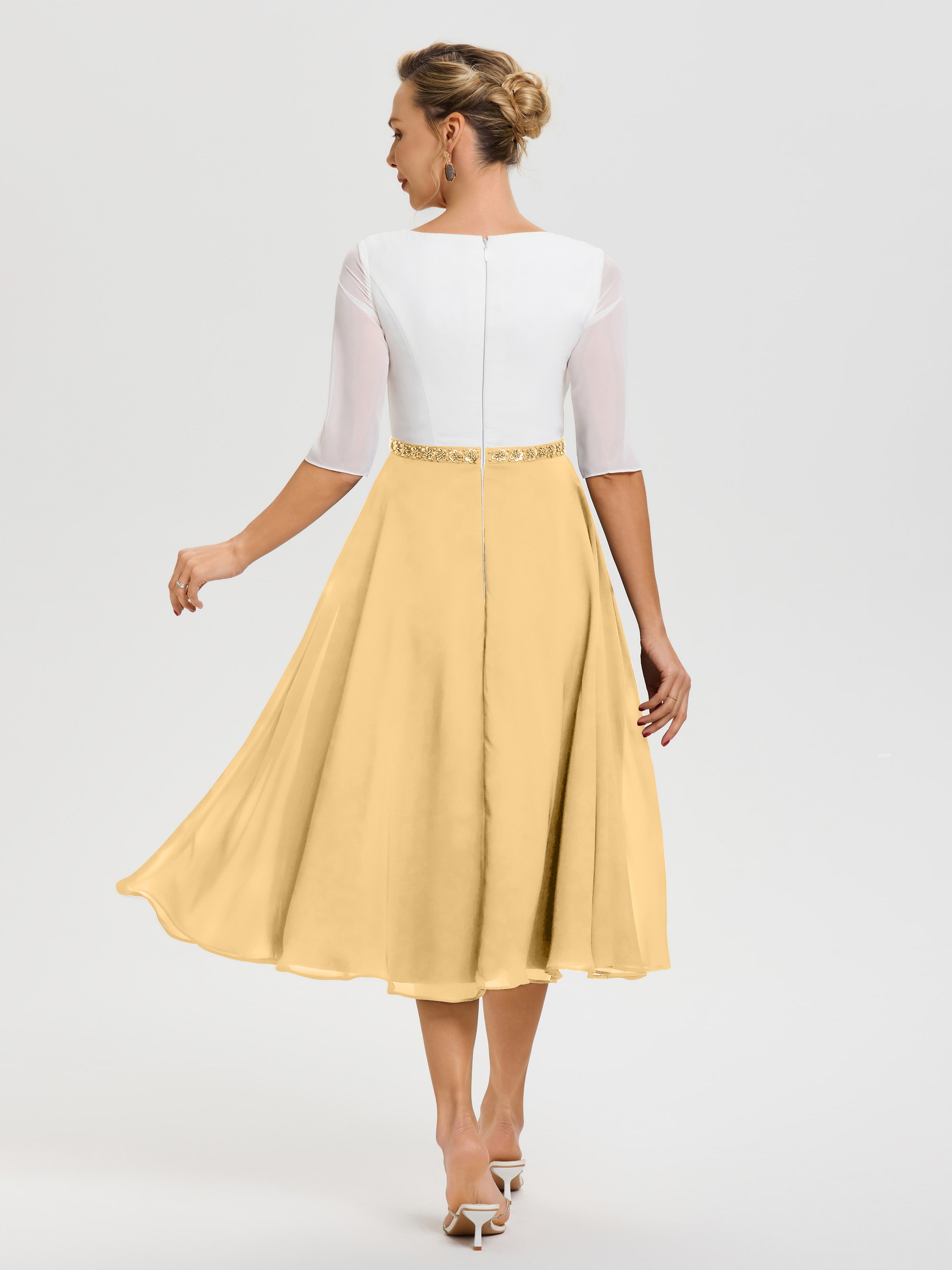 Robe Mariage Mère Du Marié Or Col V Mousseline & Dentelle Demi Manches Robe De La Mère Du Marié