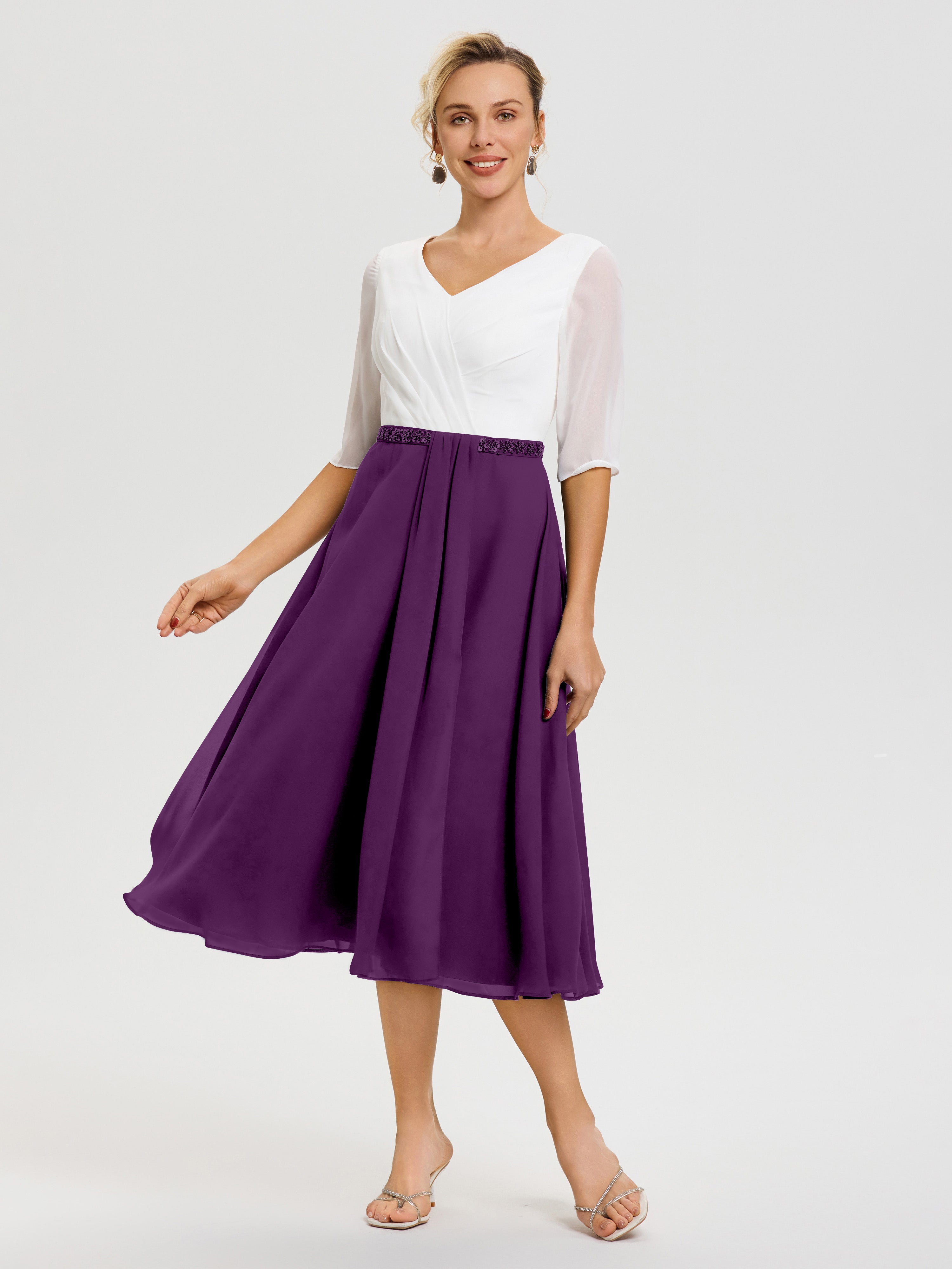 Robe Mariage Mère Du Marié Raisin Col V Mousseline & Dentelle Demi Manches Robe De La Mère Du Marié