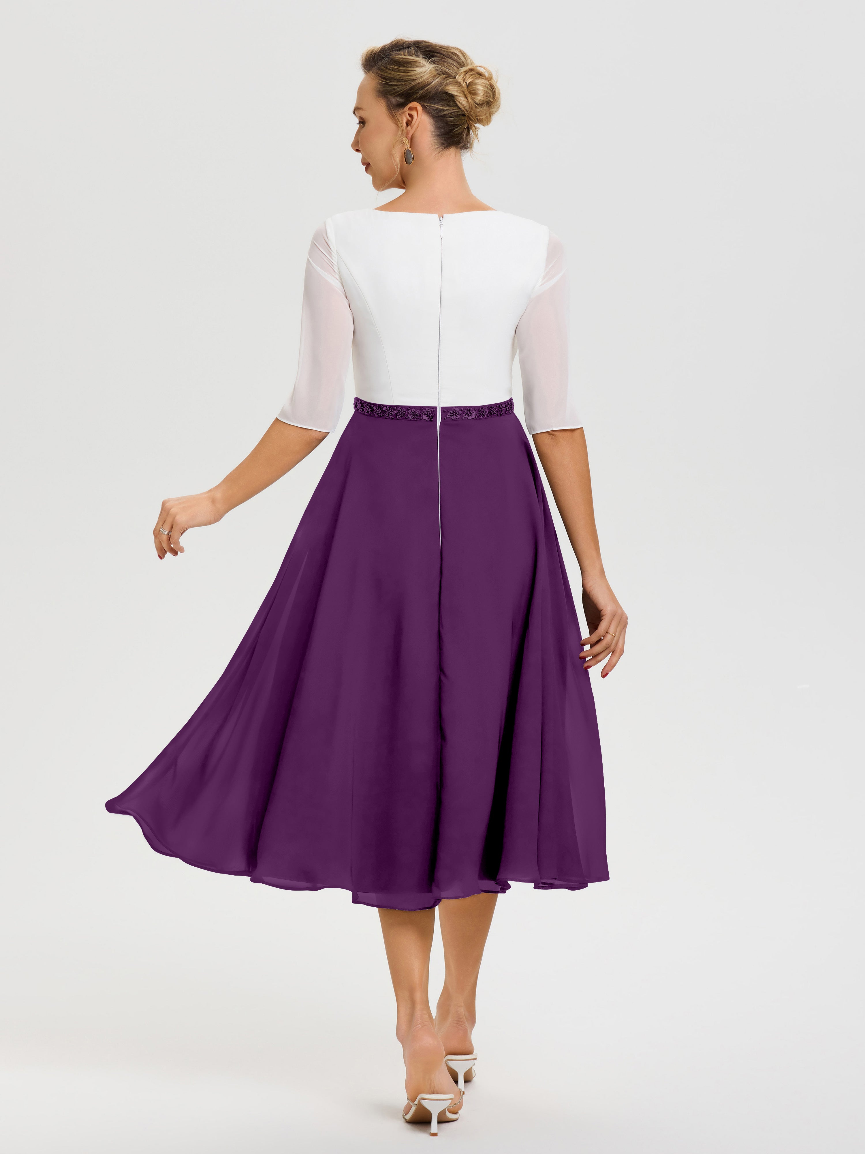 Robe Mariage Mère Du Marié Raisin Col V Mousseline & Dentelle Demi Manches Robe De La Mère Du Marié