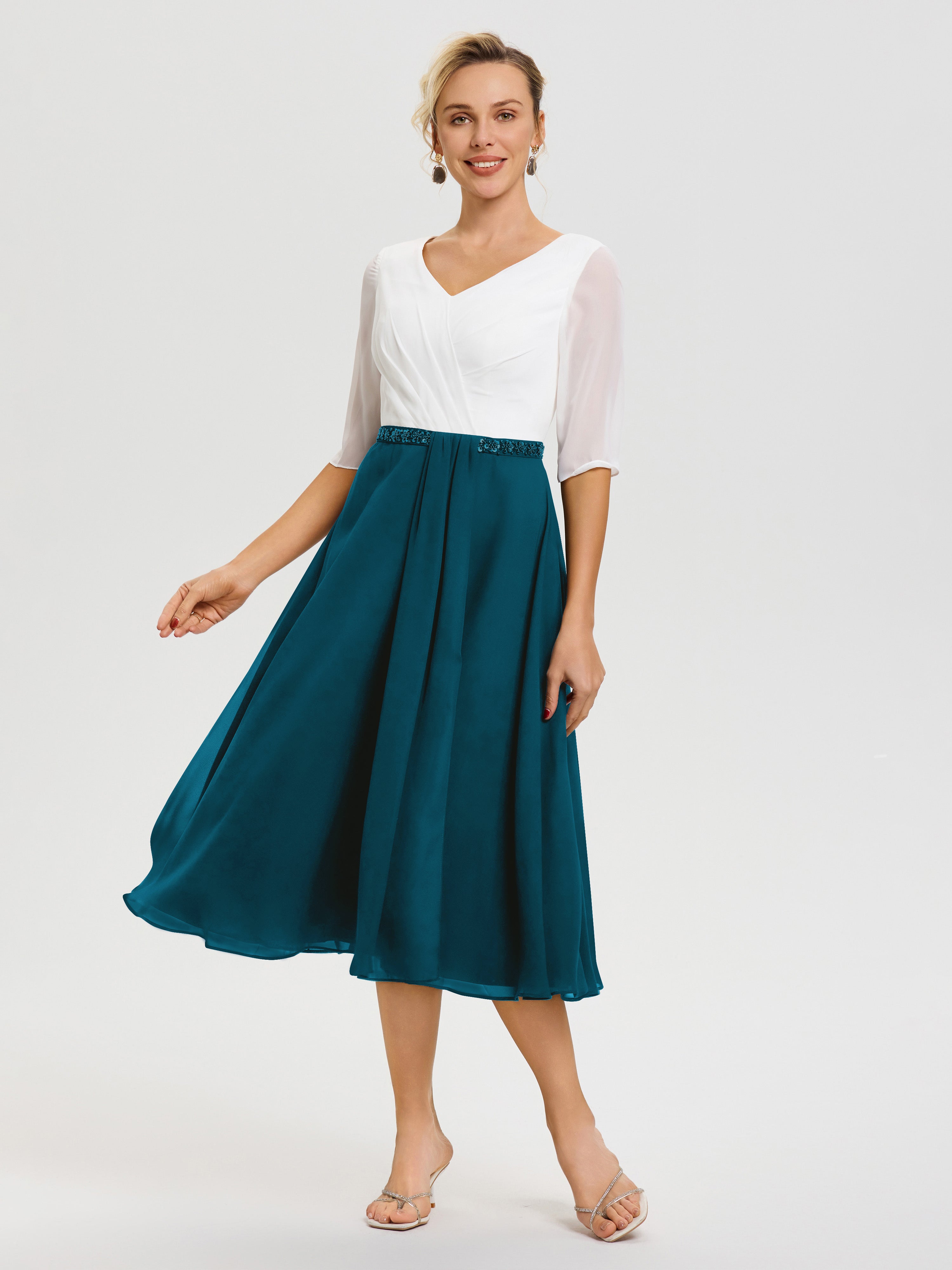 Robe De La Mère De La Mariée Bleu Encre Col V Mousseline & Dentelle Demi Manches Robe De La Mère Du Marié