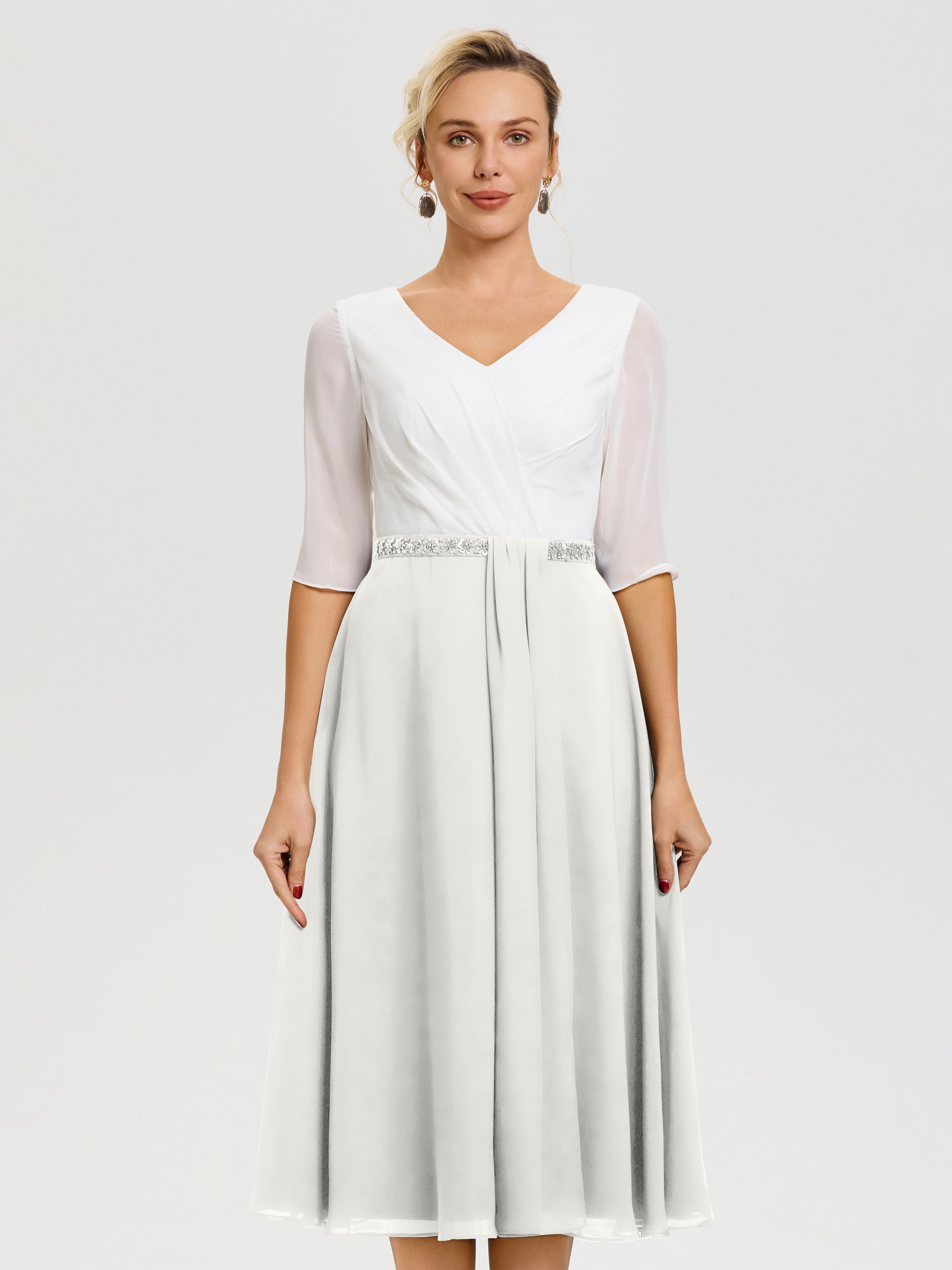 Robe De La Mère De La Mariée Ivoire Col V Mousseline & Dentelle Demi Manches Robe De La Mère Du Marié