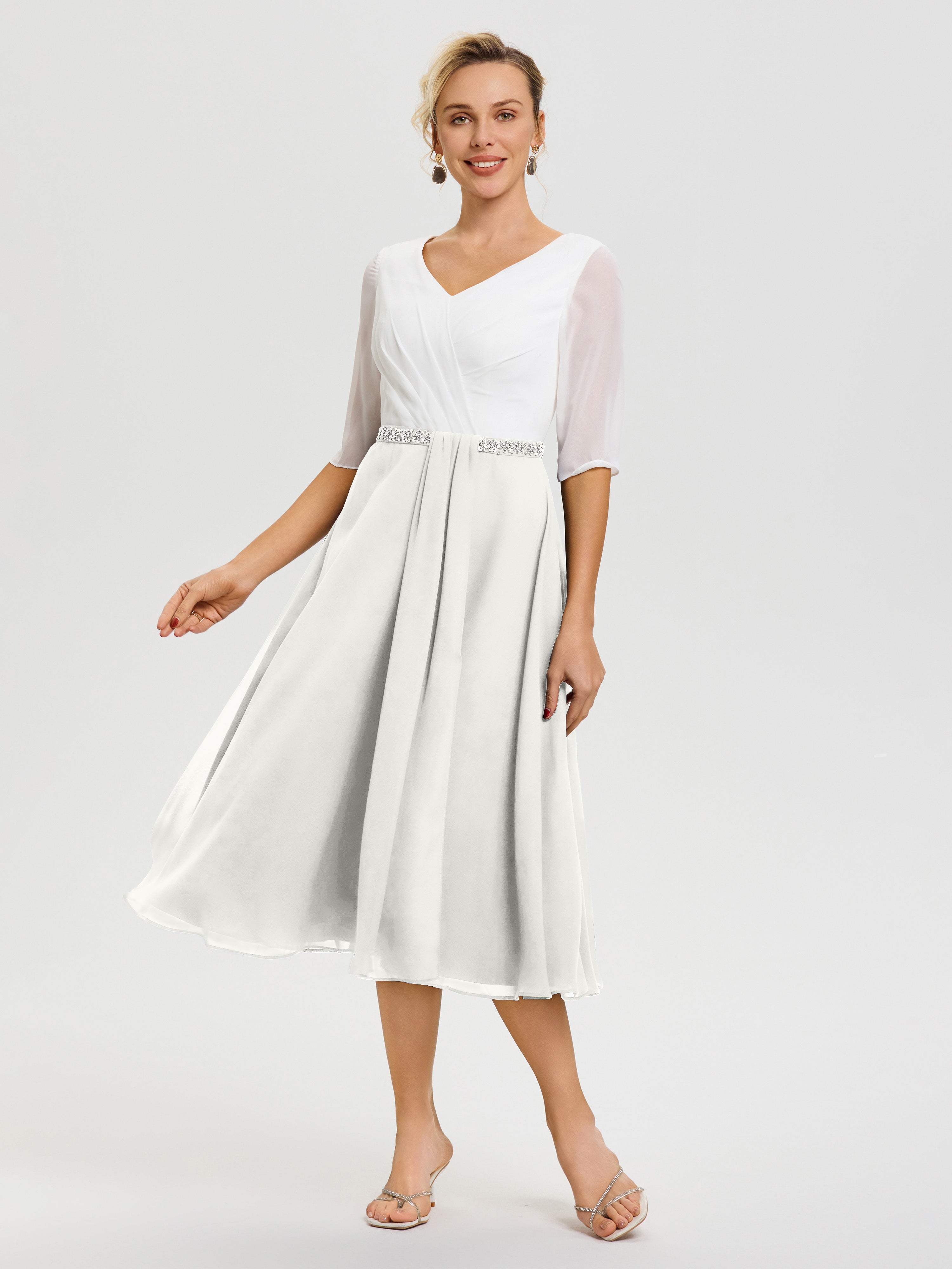 Robe De La Mère De La Mariée Ivoire Col V Mousseline & Dentelle Demi Manches Robe De La Mère Du Marié