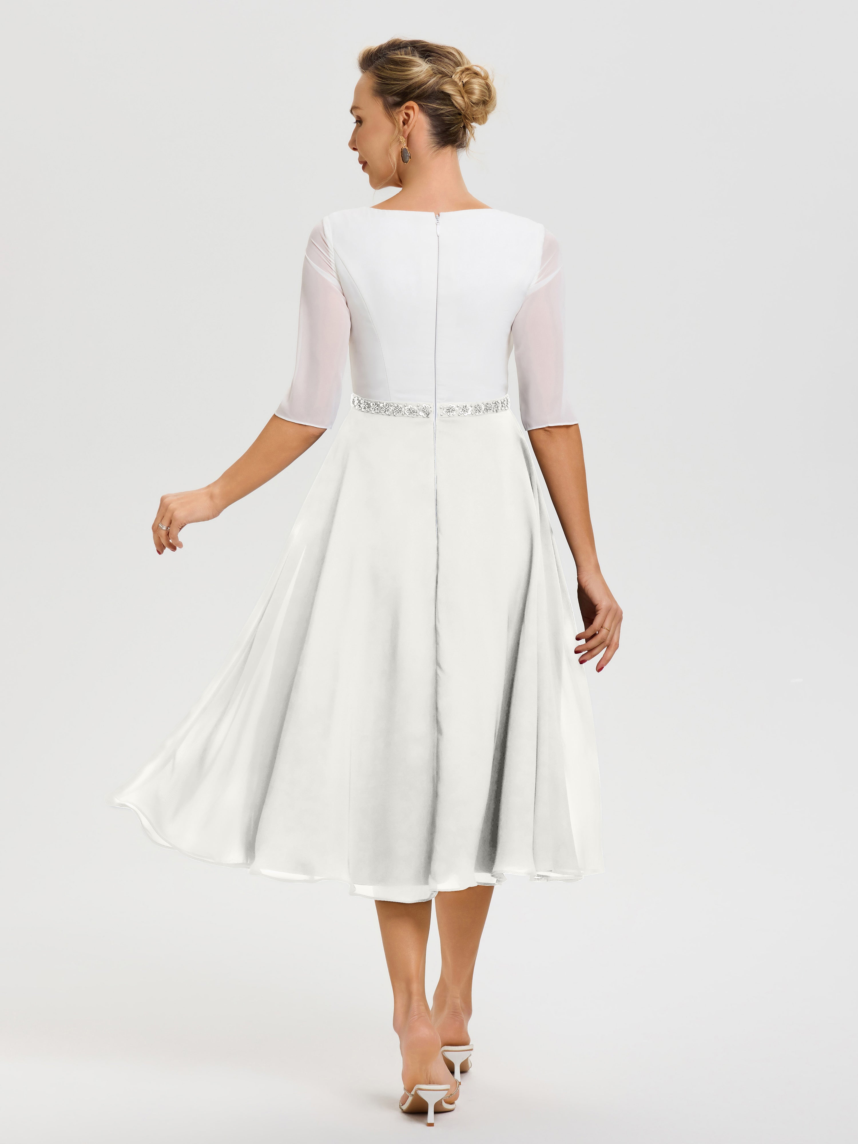 Robe De La Mère De La Mariée Ivoire Col V Mousseline & Dentelle Demi Manches Robe De La Mère Du Marié