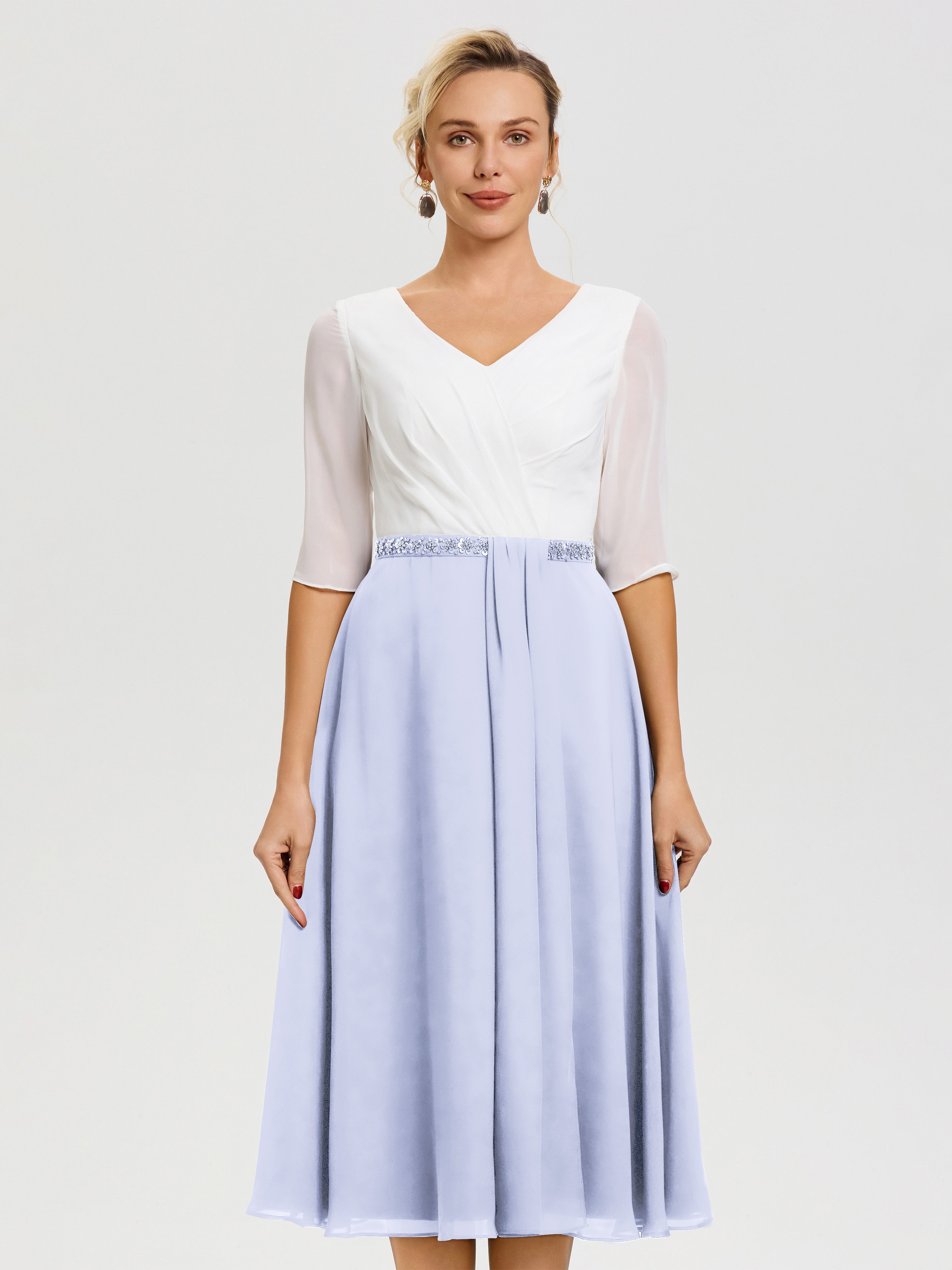 Robe Mariage Mère Du Marié Lavande Col V Mousseline & Dentelle Demi Manches Robe De La Mère Du Marié