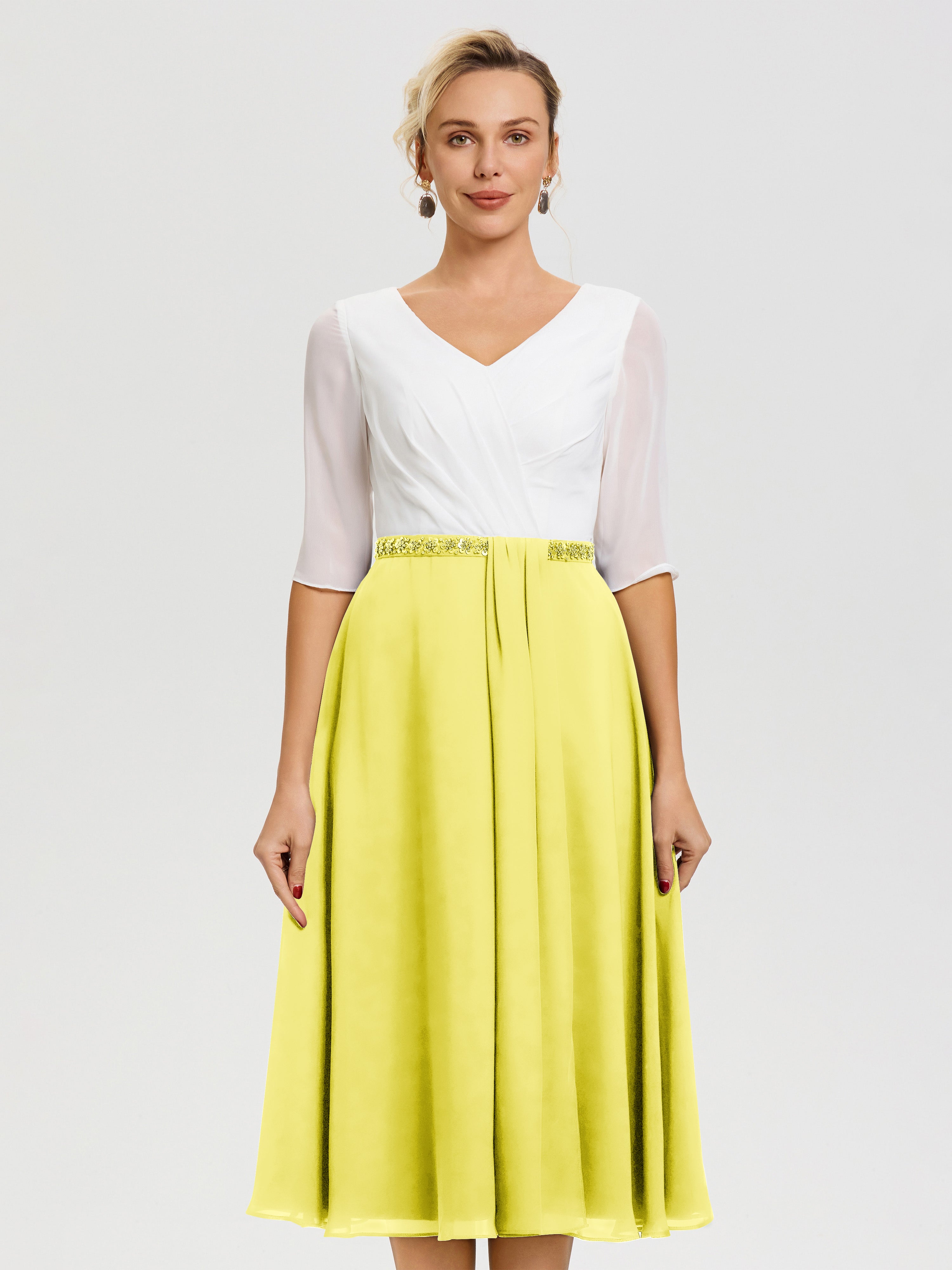 Robe Mère De La Mariée Chic Citron Col-V-Mousseline-Dentelle-Demi-Manches-Robe-De-La-Mere-Du-Marie