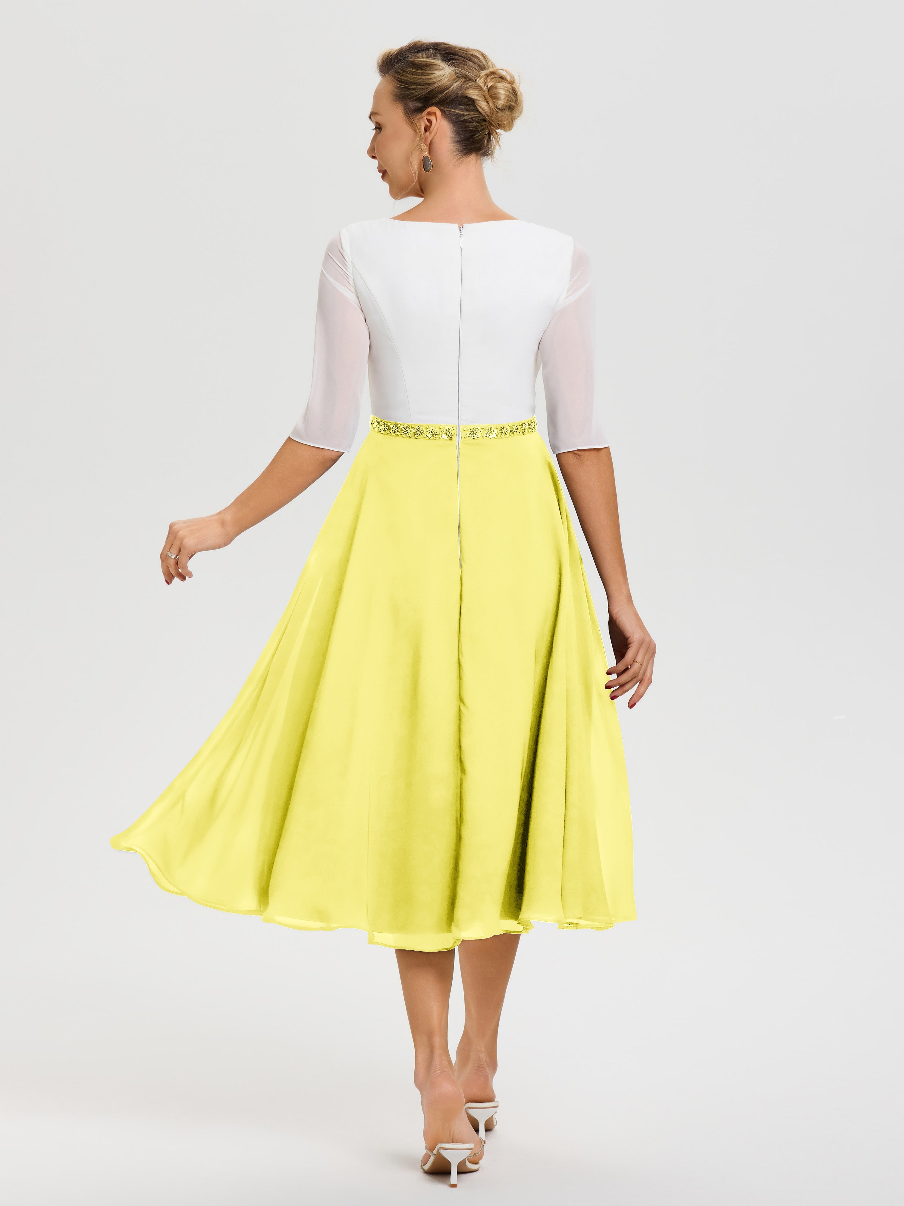 Robe Mère De La Mariée Chic Citron Col-V-Mousseline-Dentelle-Demi-Manches-Robe-De-La-Mere-Du-Marie