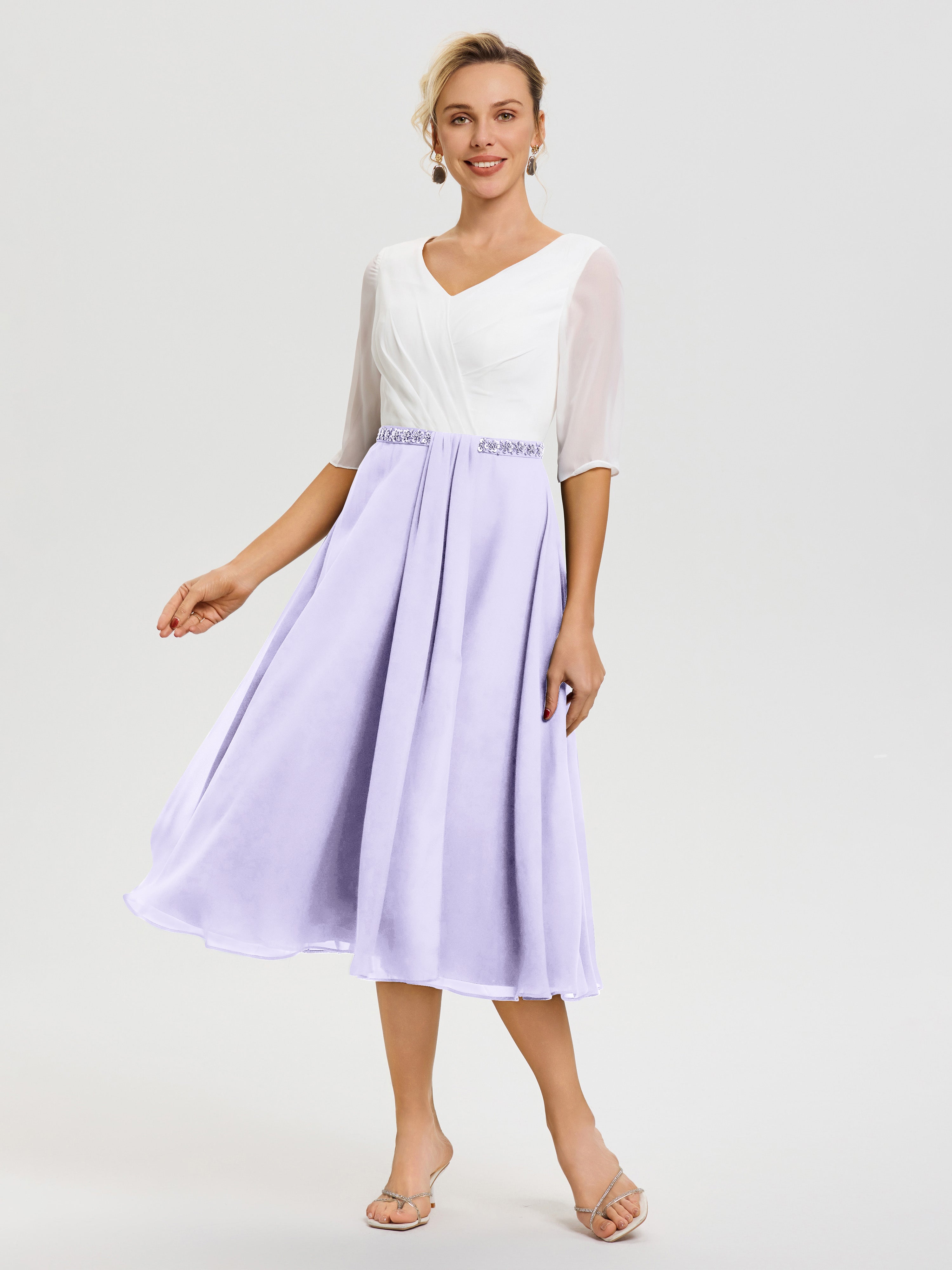 Robe Mariage Mère Du Marié Lilas Col V Mousseline & Dentelle Demi Manches Robe De La Mère Du Marié