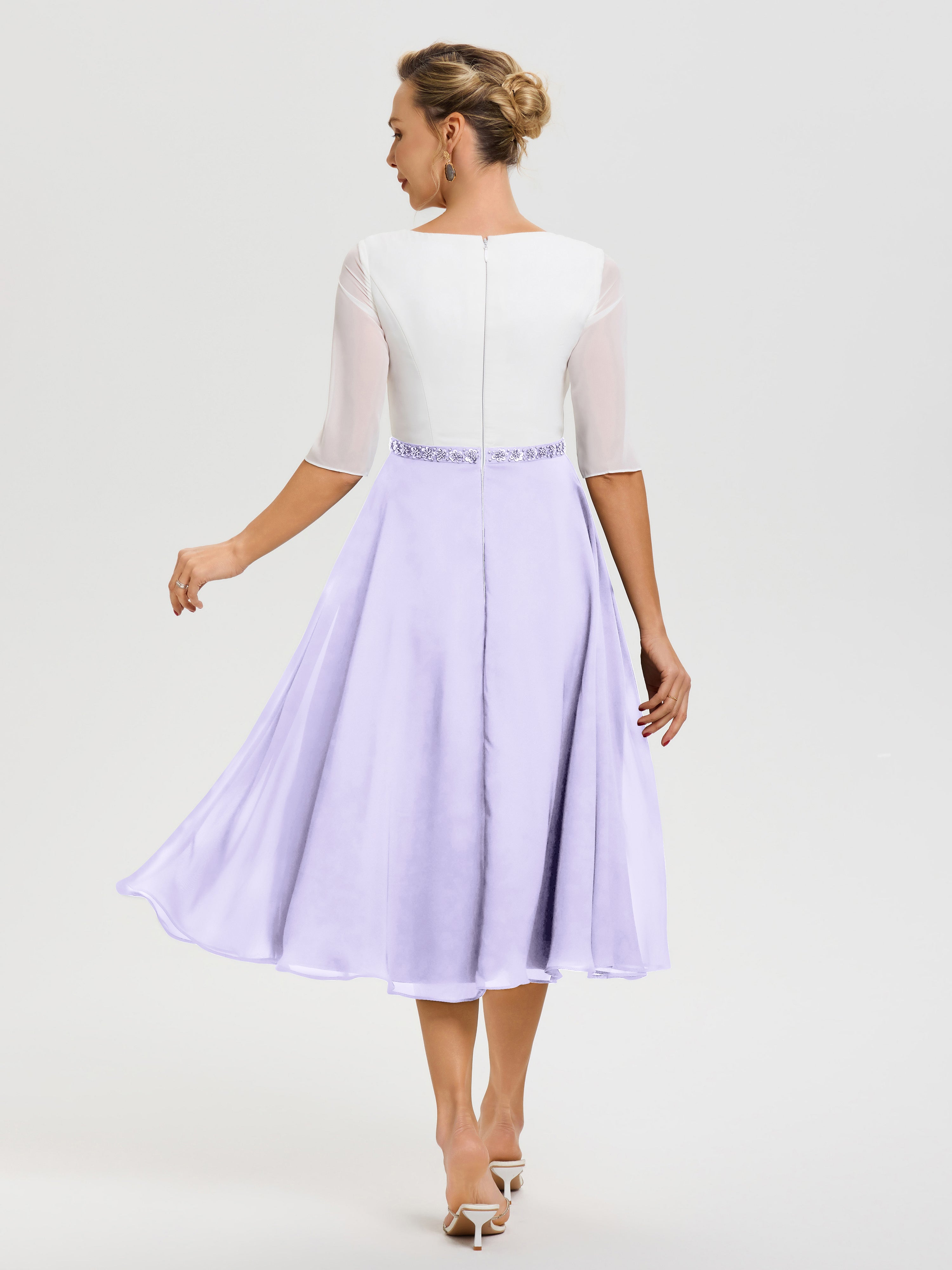 Robe Mariage Mère Du Marié Lilas Col V Mousseline & Dentelle Demi Manches Robe De La Mère Du Marié