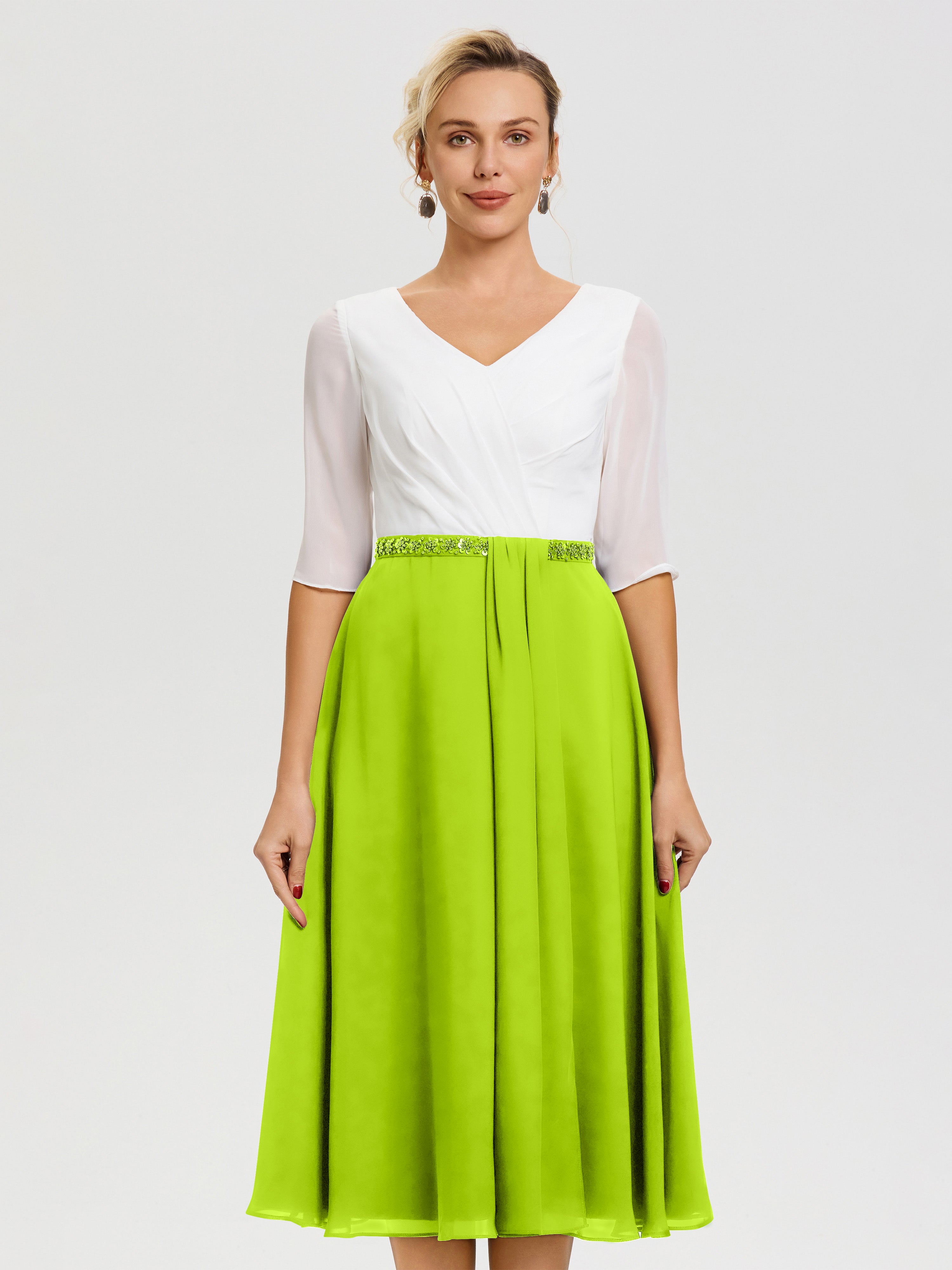 Robe Pour La Mère De La Mariée Vert Citron Col V Mousseline & Dentelle Demi Manches Robe De La Mère Du Marié