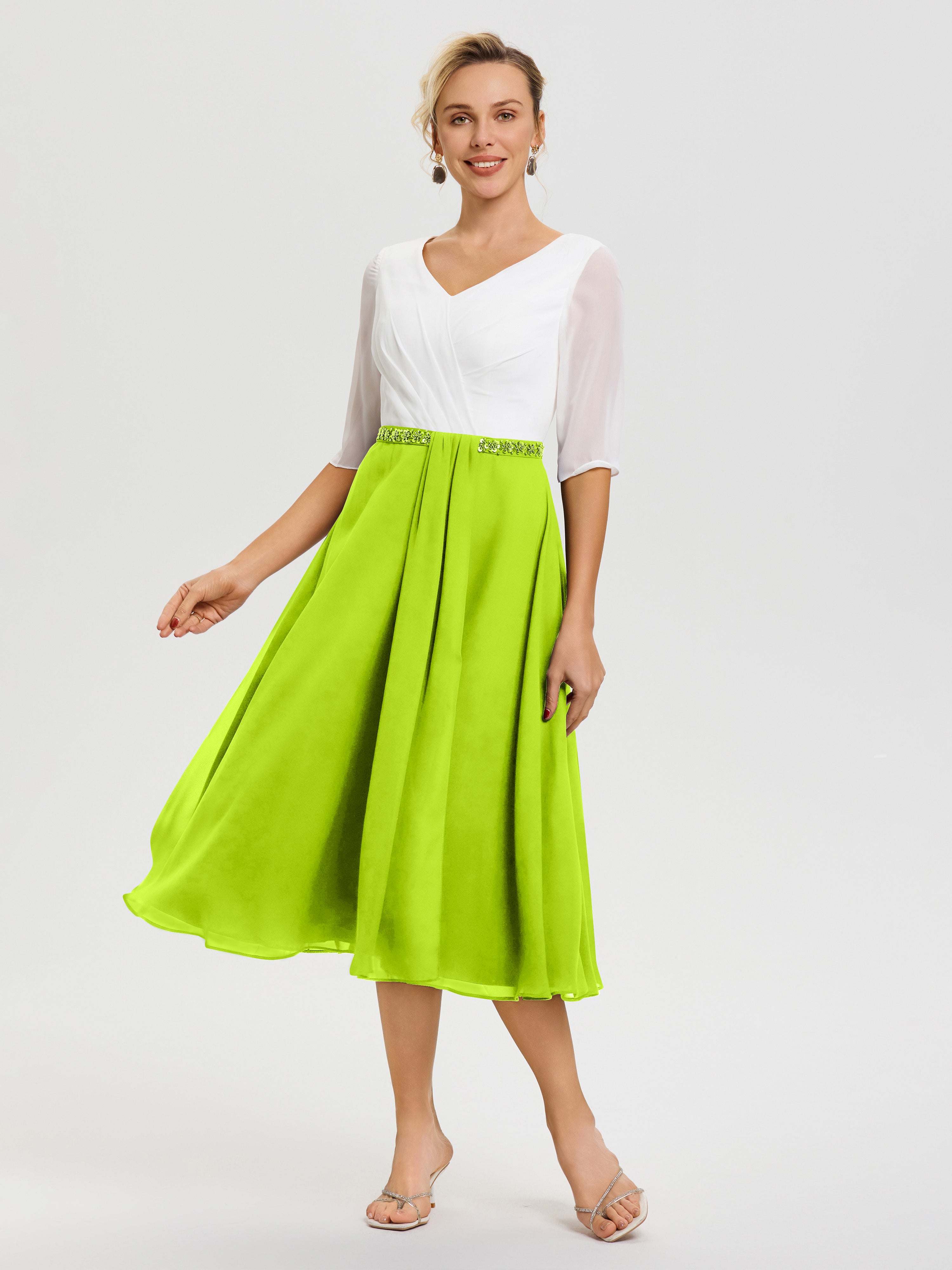 Robe Pour La Mère De La Mariée Vert Citron Col V Mousseline & Dentelle Demi Manches Robe De La Mère Du Marié