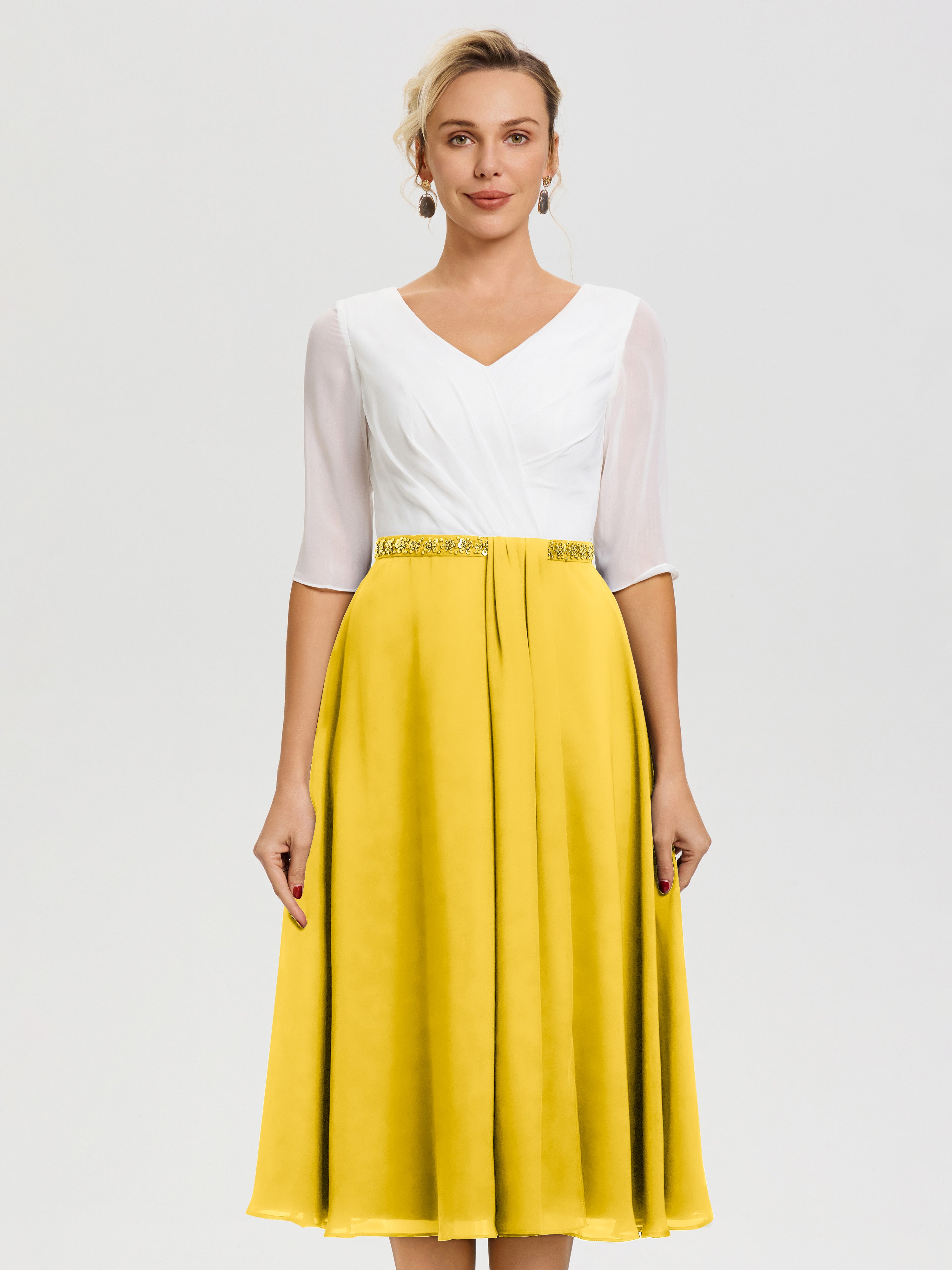 Robe Chic Mère De La Mariée Souci Col V Mousseline & Dentelle Demi Manches Robe De La Mère Du Marié