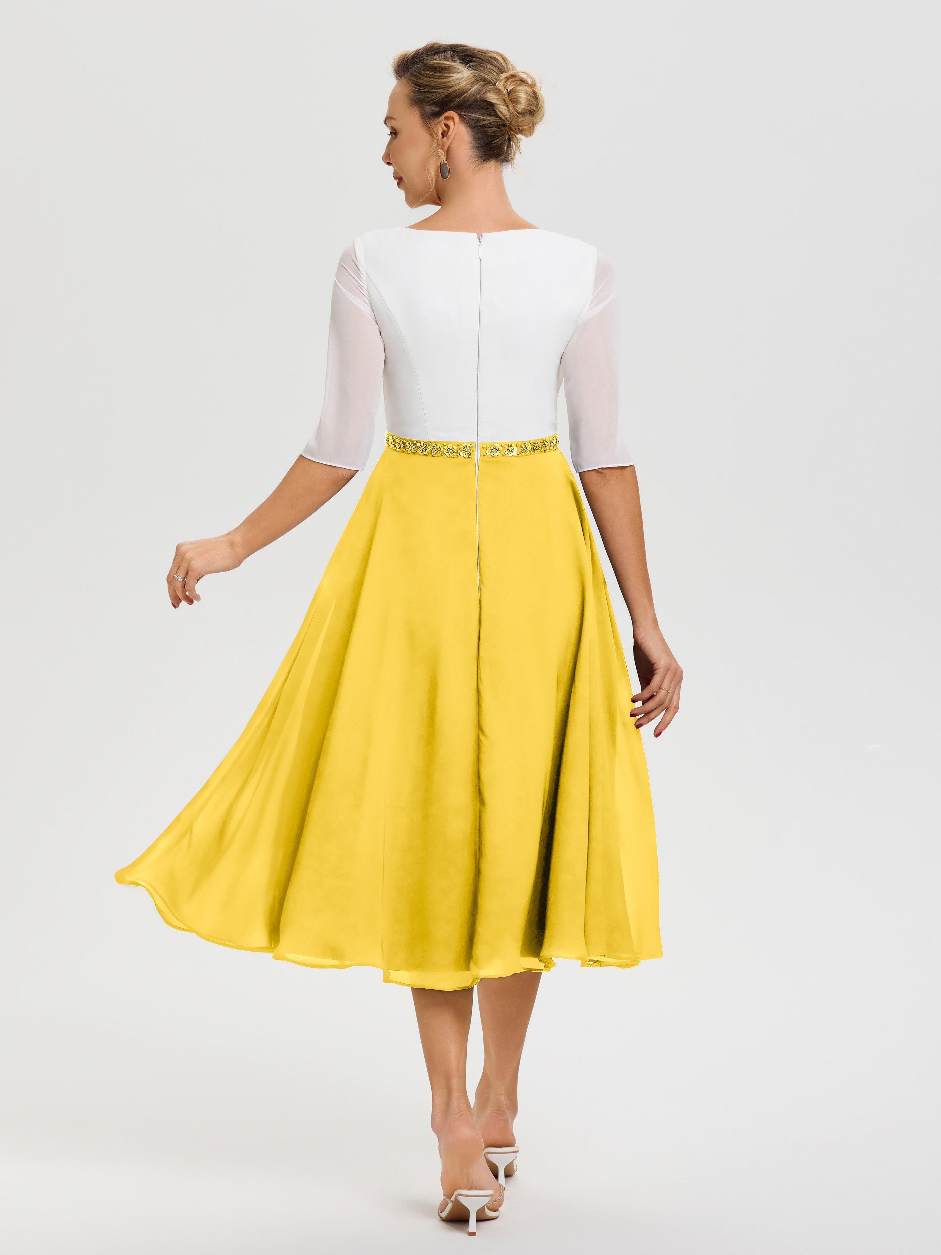 Robe Chic Mère De La Mariée Souci Col V Mousseline & Dentelle Demi Manches Robe De La Mère Du Marié