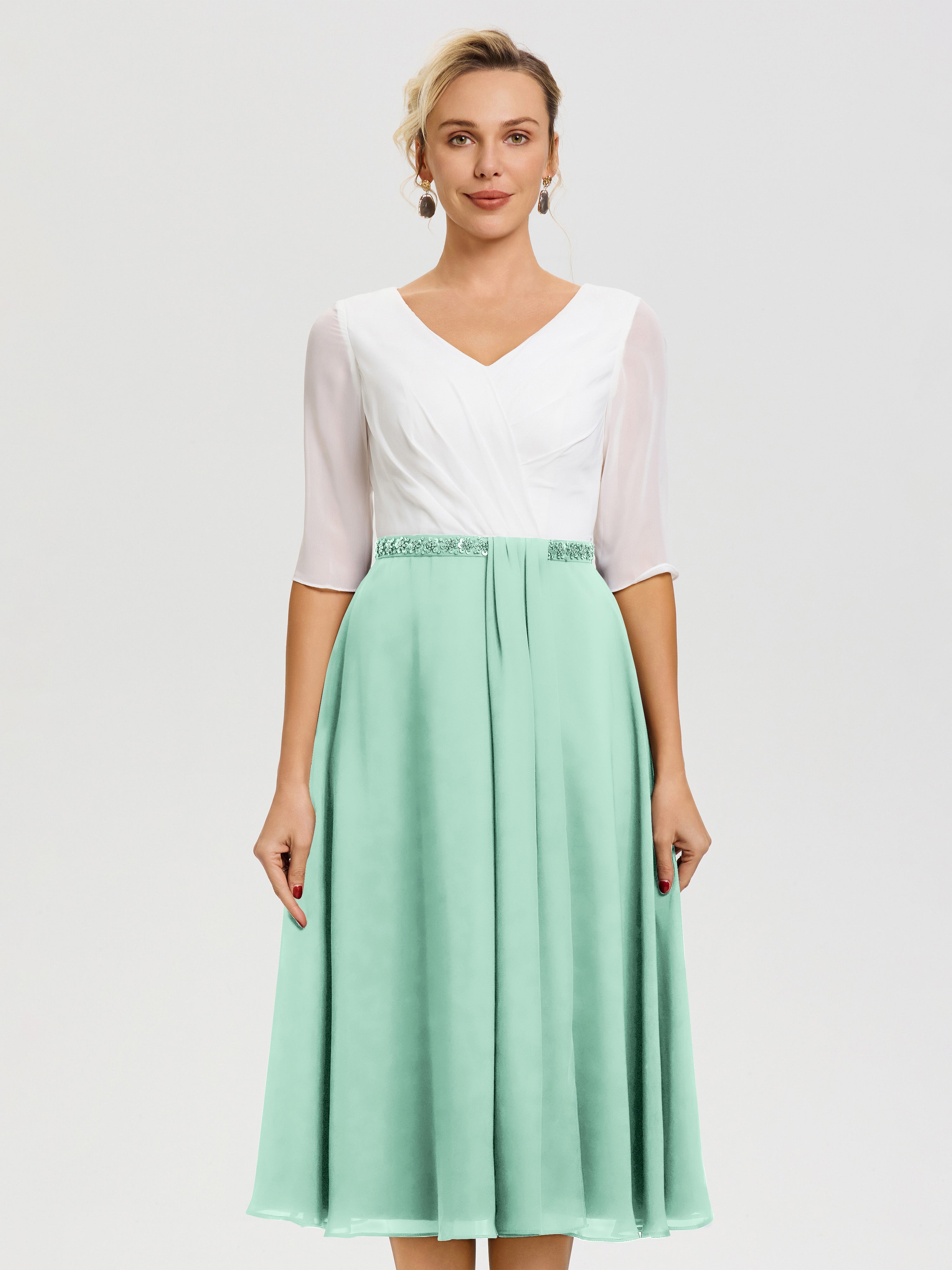 Robe Cérémonie Mariage Mère Du Marié Vert Menthe Col V Mousseline & Dentelle Demi Manches Robe De La Mère Du Marié