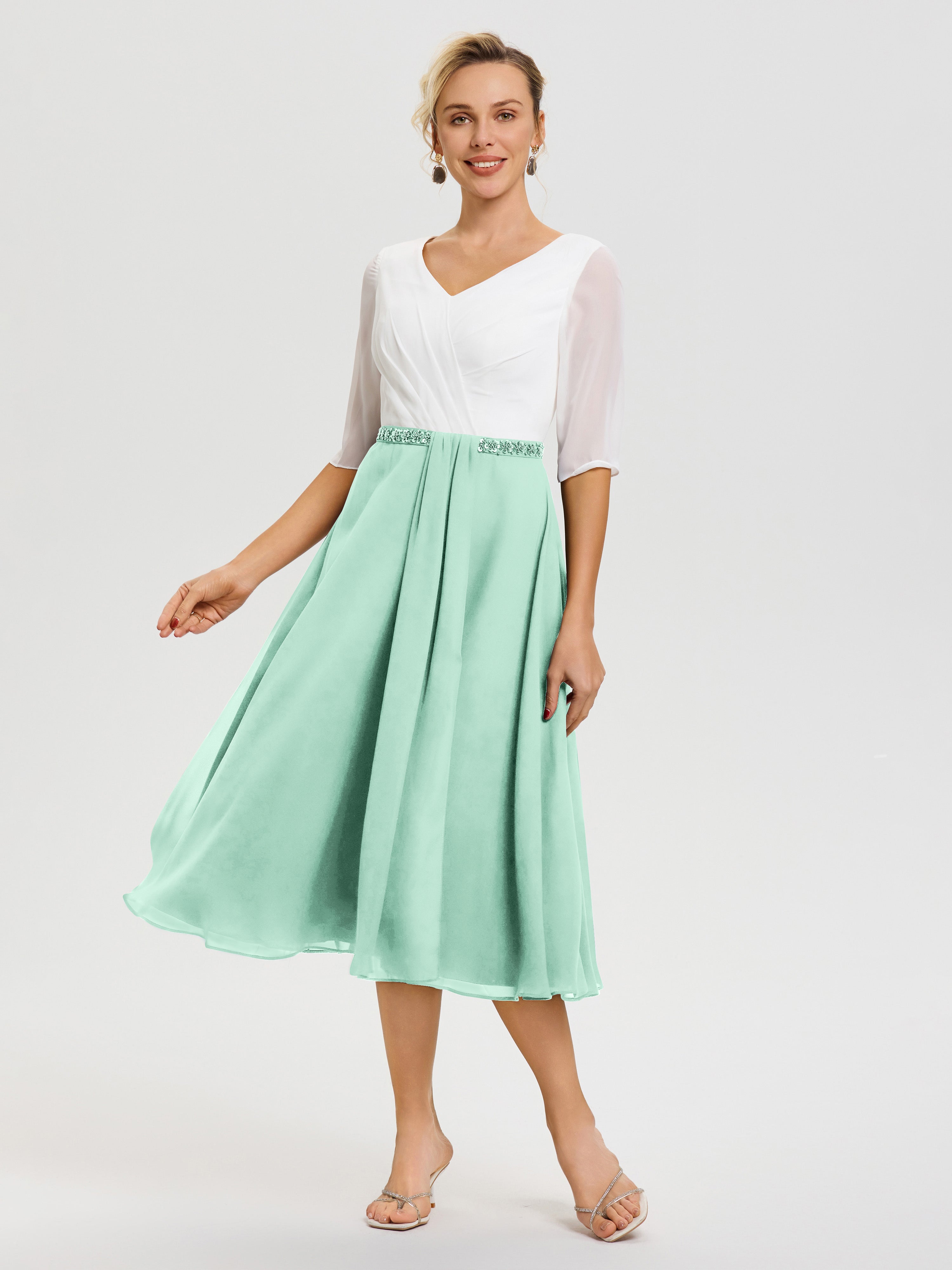 Robe Cérémonie Mariage Mère Du Marié Vert Menthe Col V Mousseline & Dentelle Demi Manches Robe De La Mère Du Marié