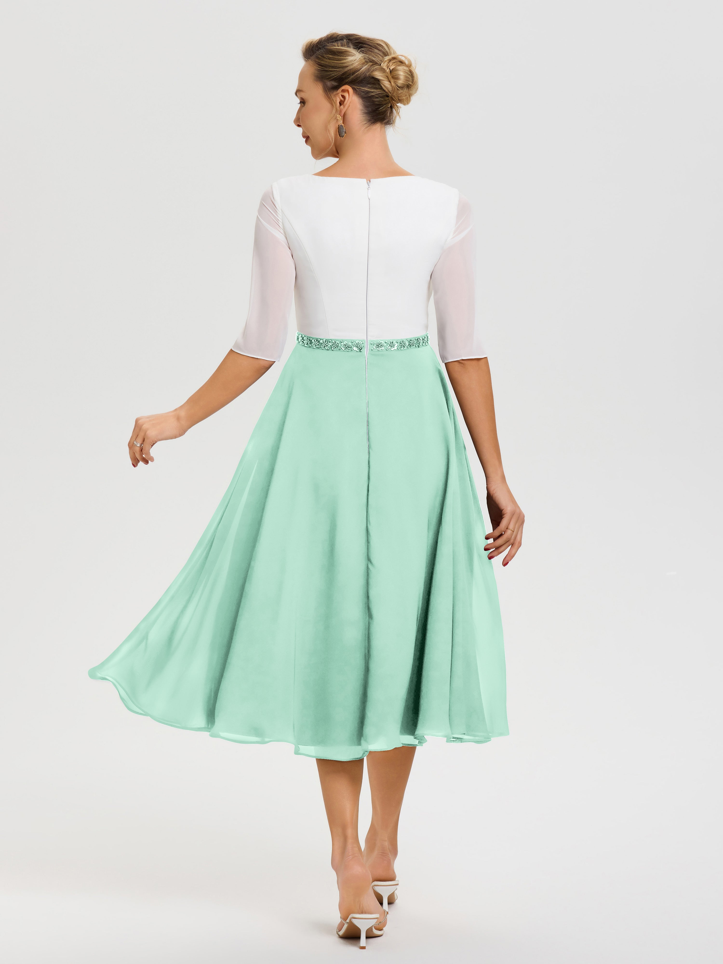 Robe Cérémonie Mariage Mère Du Marié Vert Menthe Col V Mousseline & Dentelle Demi Manches Robe De La Mère Du Marié