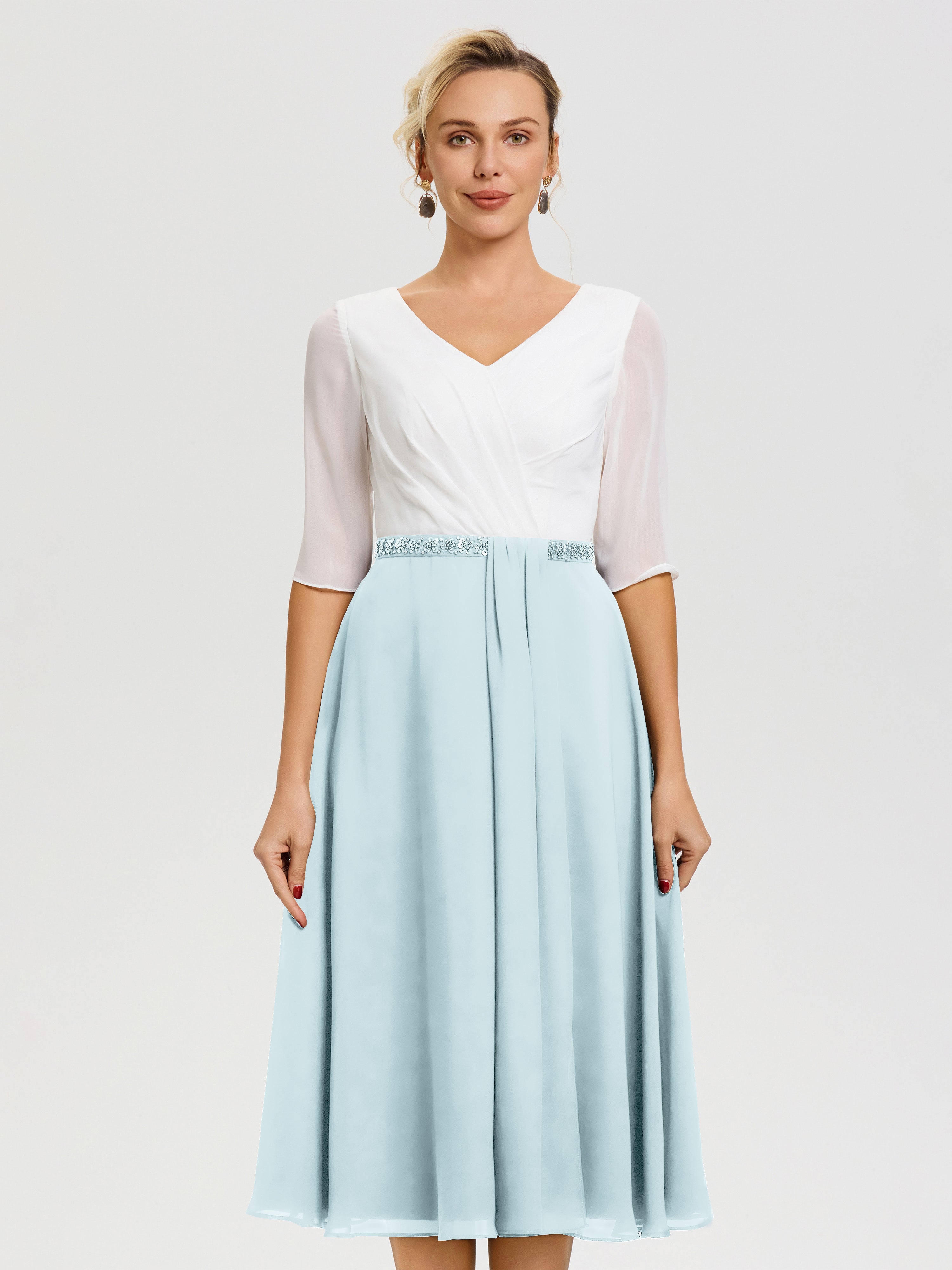Robe Mère De La Mariée Chic Brume Col-V-Mousseline-Dentelle-Demi-Manches-Robe-De-La-Mere-Du-Marie
