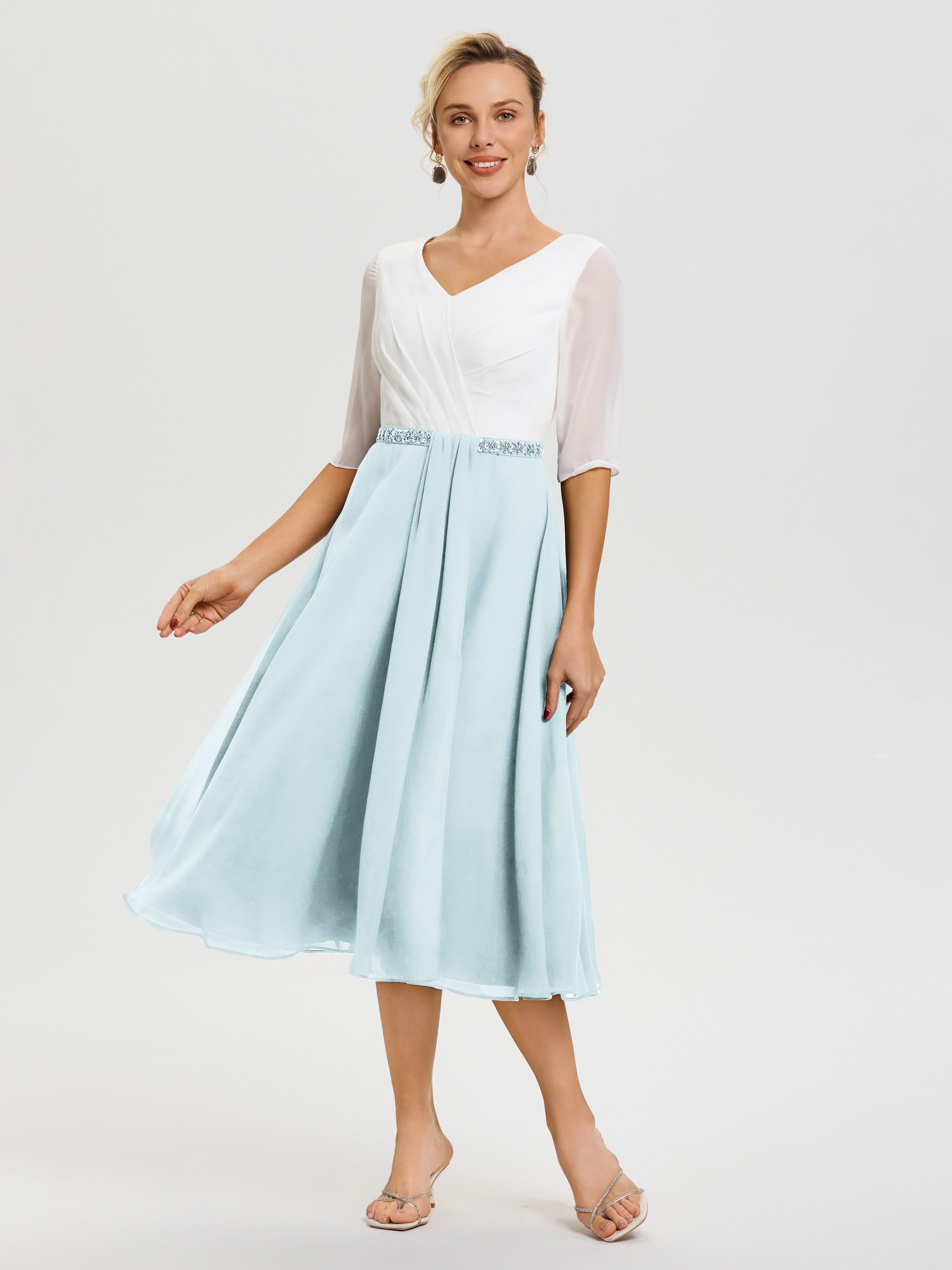 Robe Mère De La Mariée Chic Brume Col-V-Mousseline-Dentelle-Demi-Manches-Robe-De-La-Mere-Du-Marie