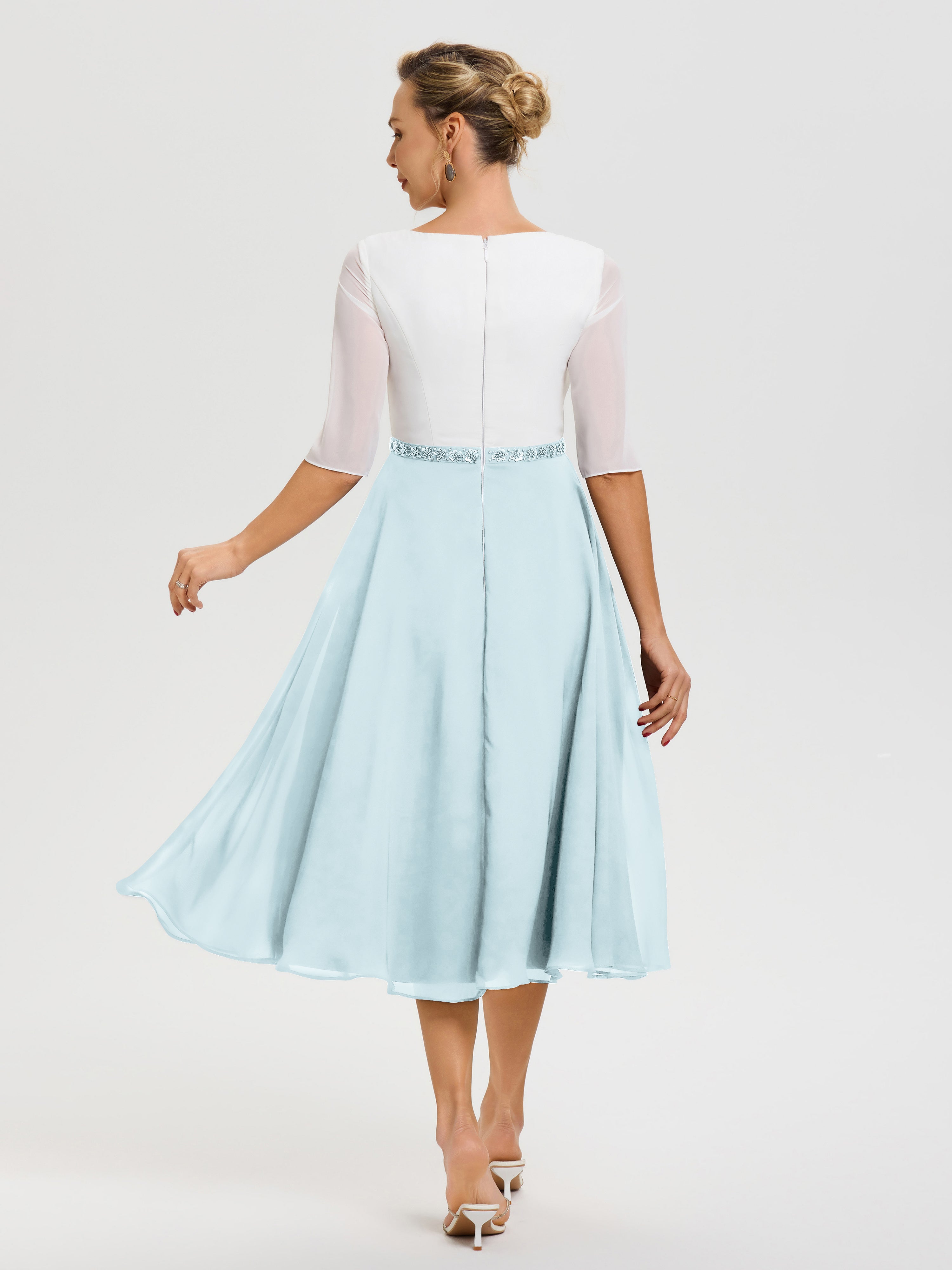 Robe Mère De La Mariée Chic Brume Col-V-Mousseline-Dentelle-Demi-Manches-Robe-De-La-Mere-Du-Marie