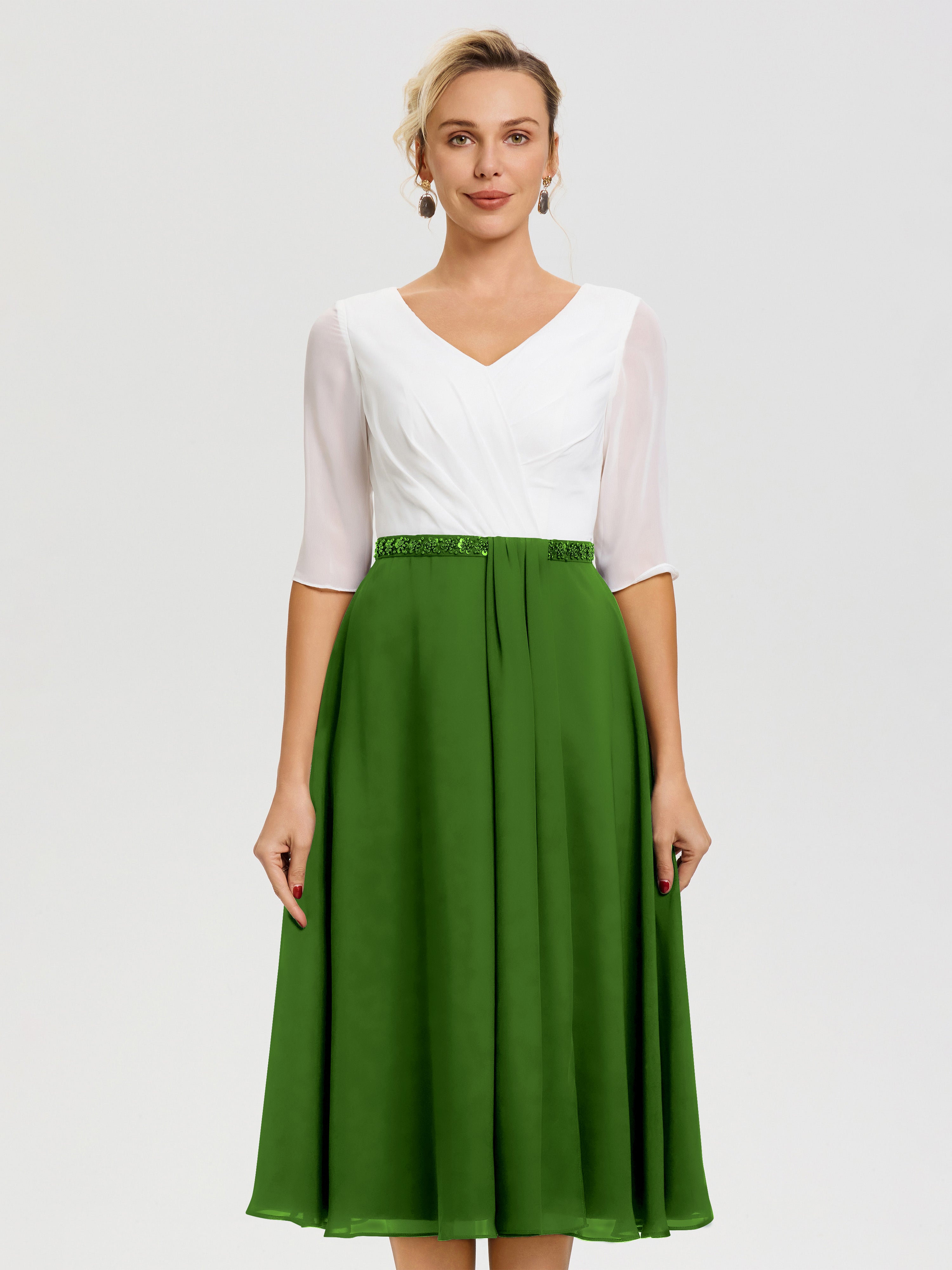 Robe Mère De La Mariée Chic Mousse Col V Mousseline & Dentelle Demi Manches Robe De La Mère Du Marié