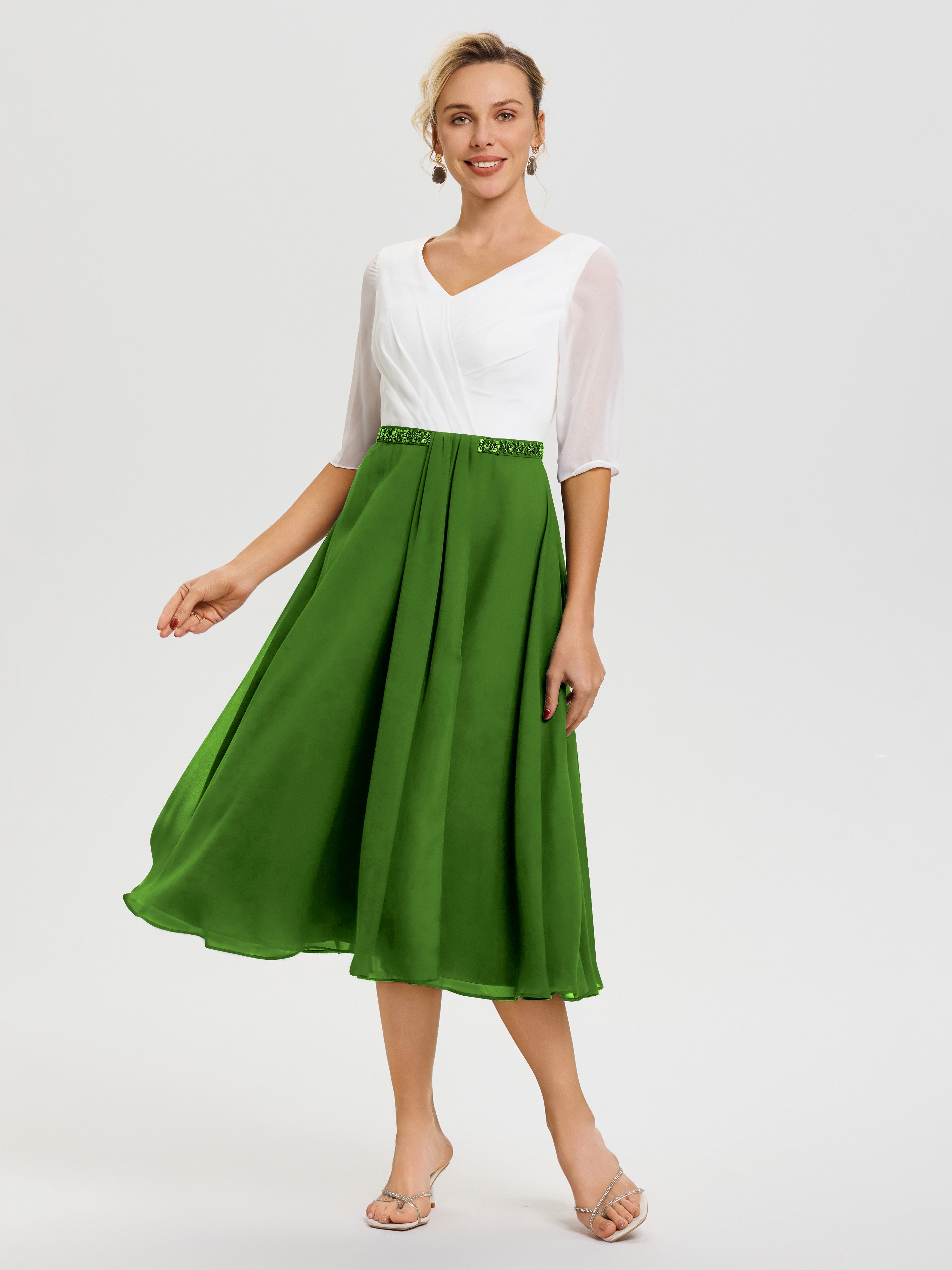 Robe Mère De La Mariée Chic Mousse Col V Mousseline & Dentelle Demi Manches Robe De La Mère Du Marié