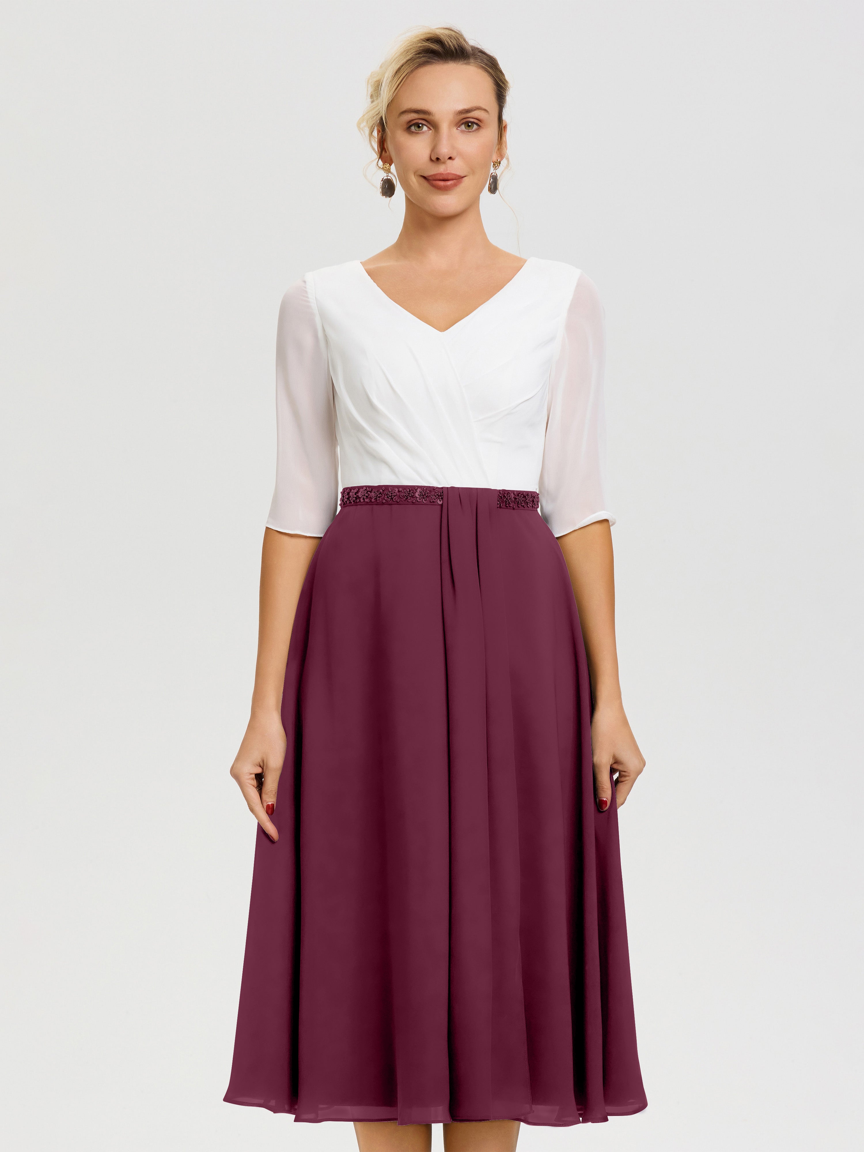 Robe Mariage Mère Du Marié Mure Col V Mousseline & Dentelle Demi Manches Robe De La Mère Du Marié