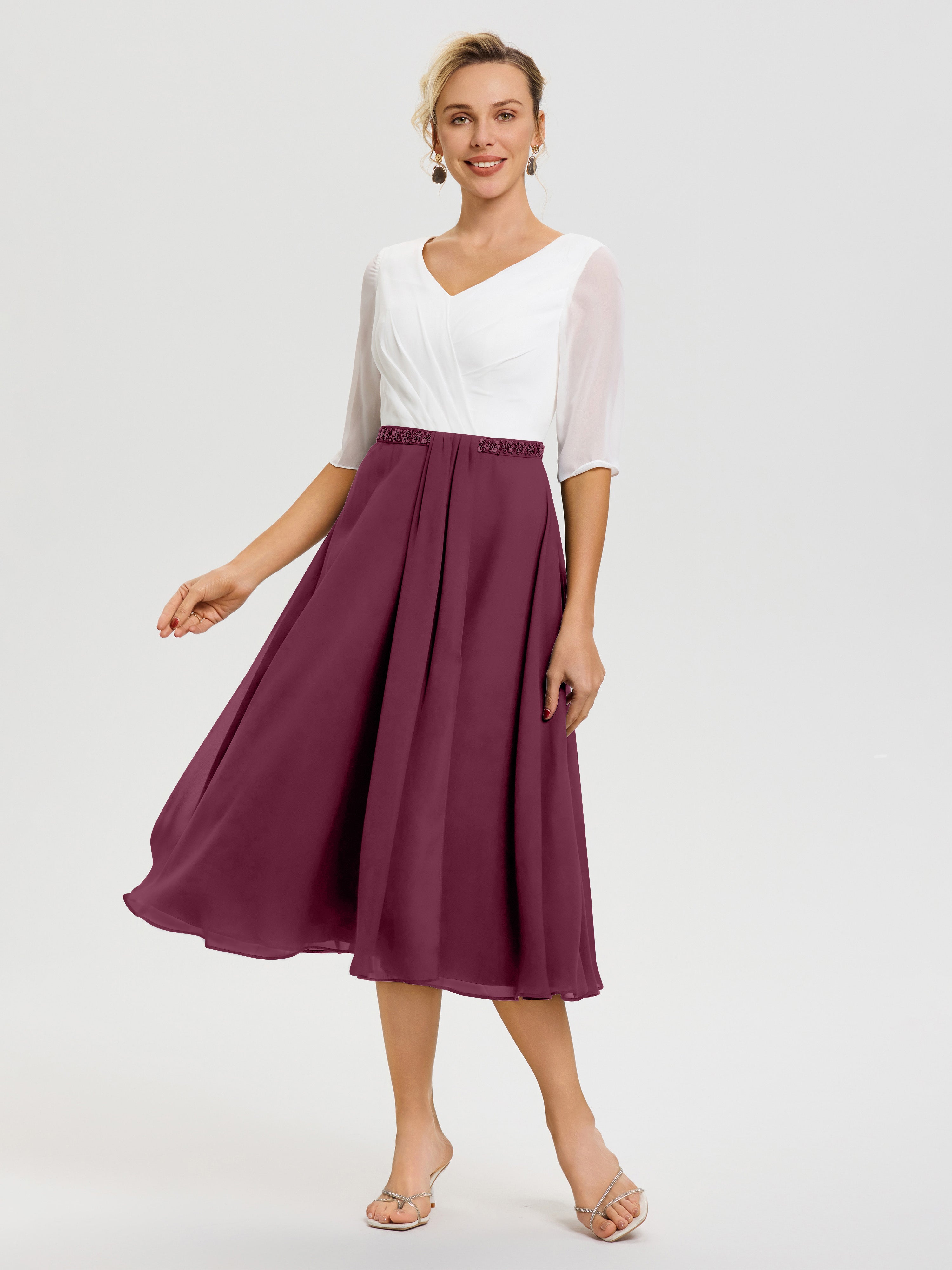 Robe Mariage Mère Du Marié Mure Col V Mousseline & Dentelle Demi Manches Robe De La Mère Du Marié