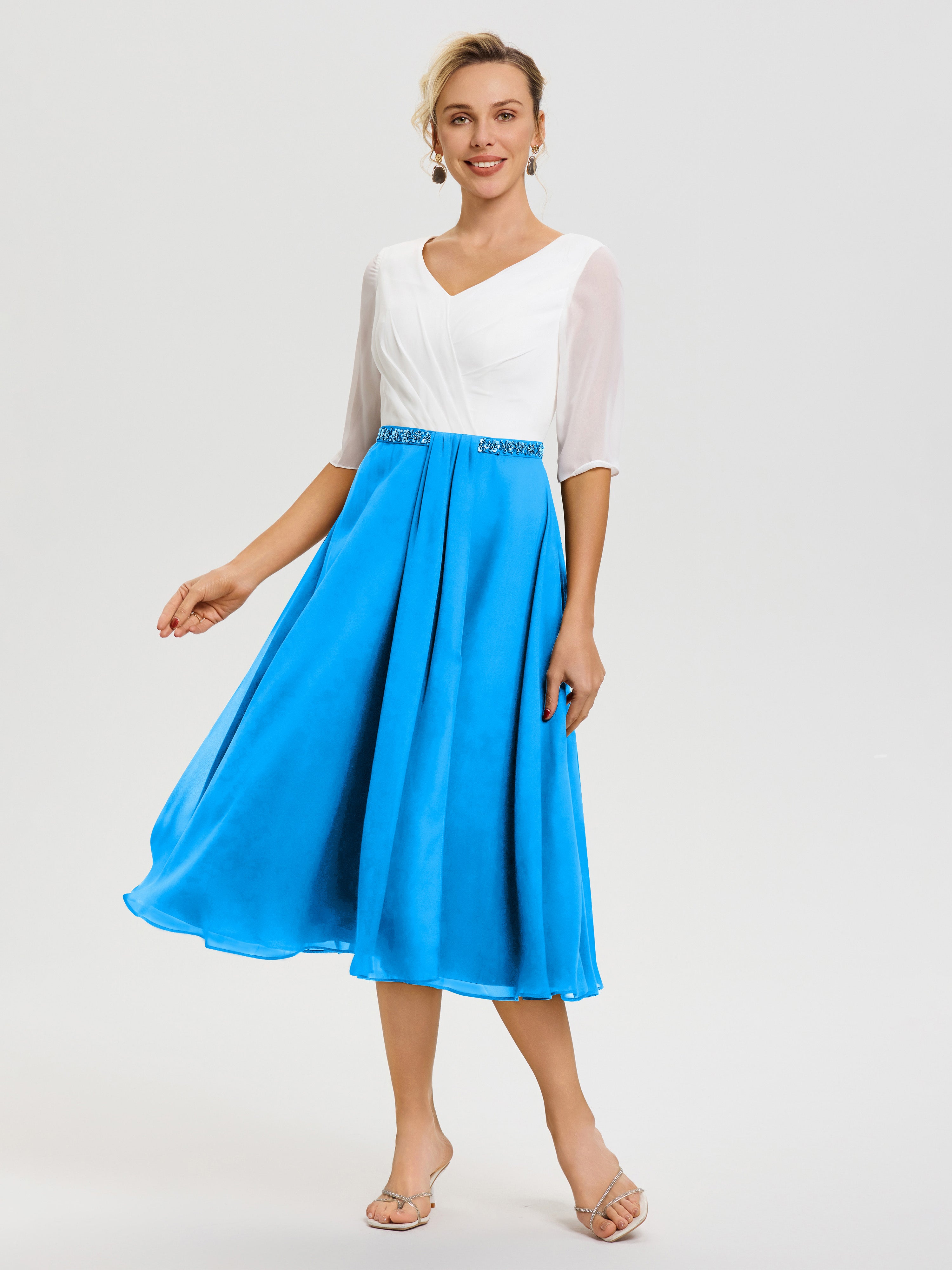 Robe De La Mère De La Mariée Bleu Océan Col V Mousseline & Dentelle Demi Manches Robe De La Mère Du Marié