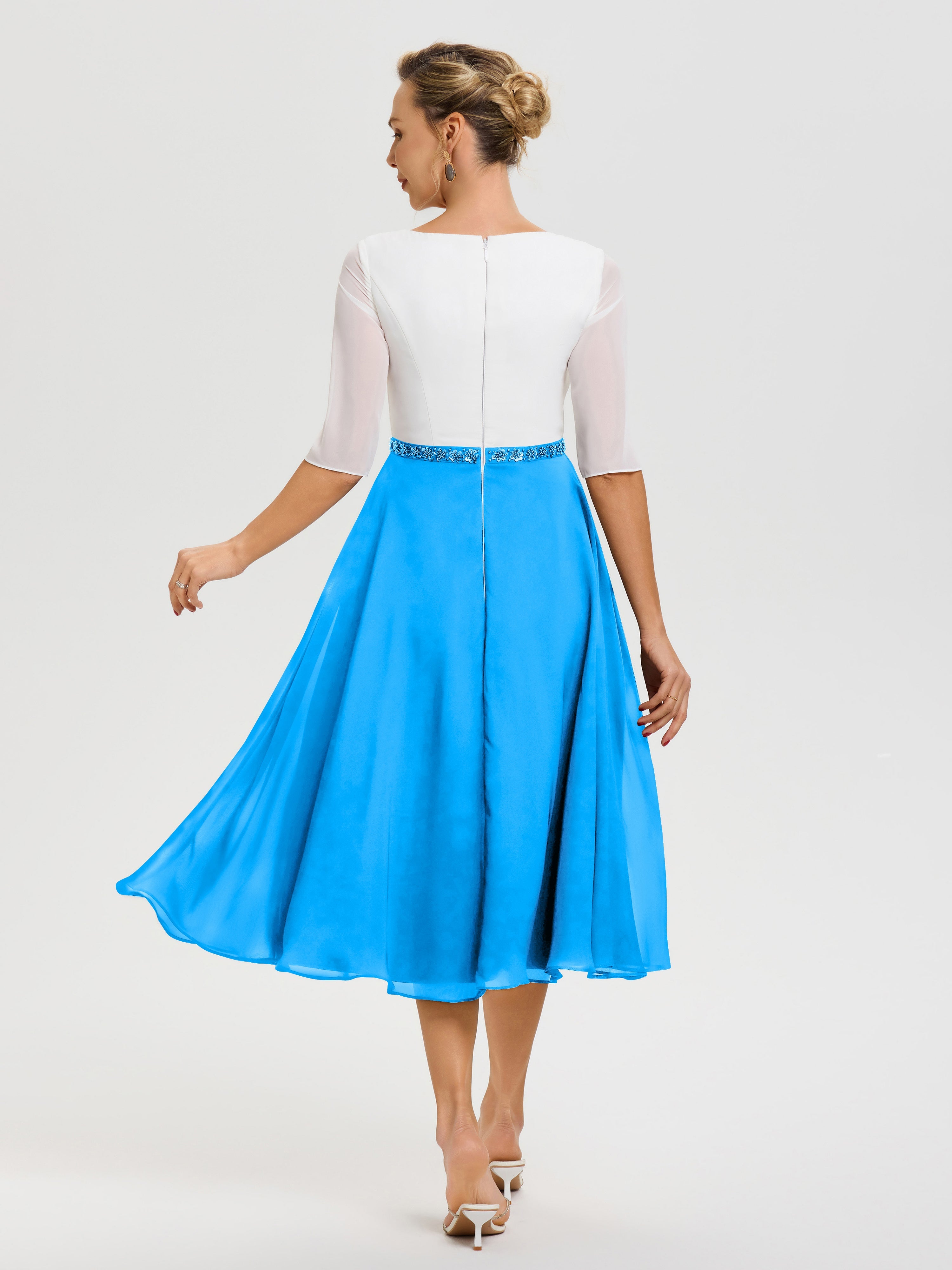 Robe De La Mère De La Mariée Bleu Océan Col V Mousseline & Dentelle Demi Manches Robe De La Mère Du Marié