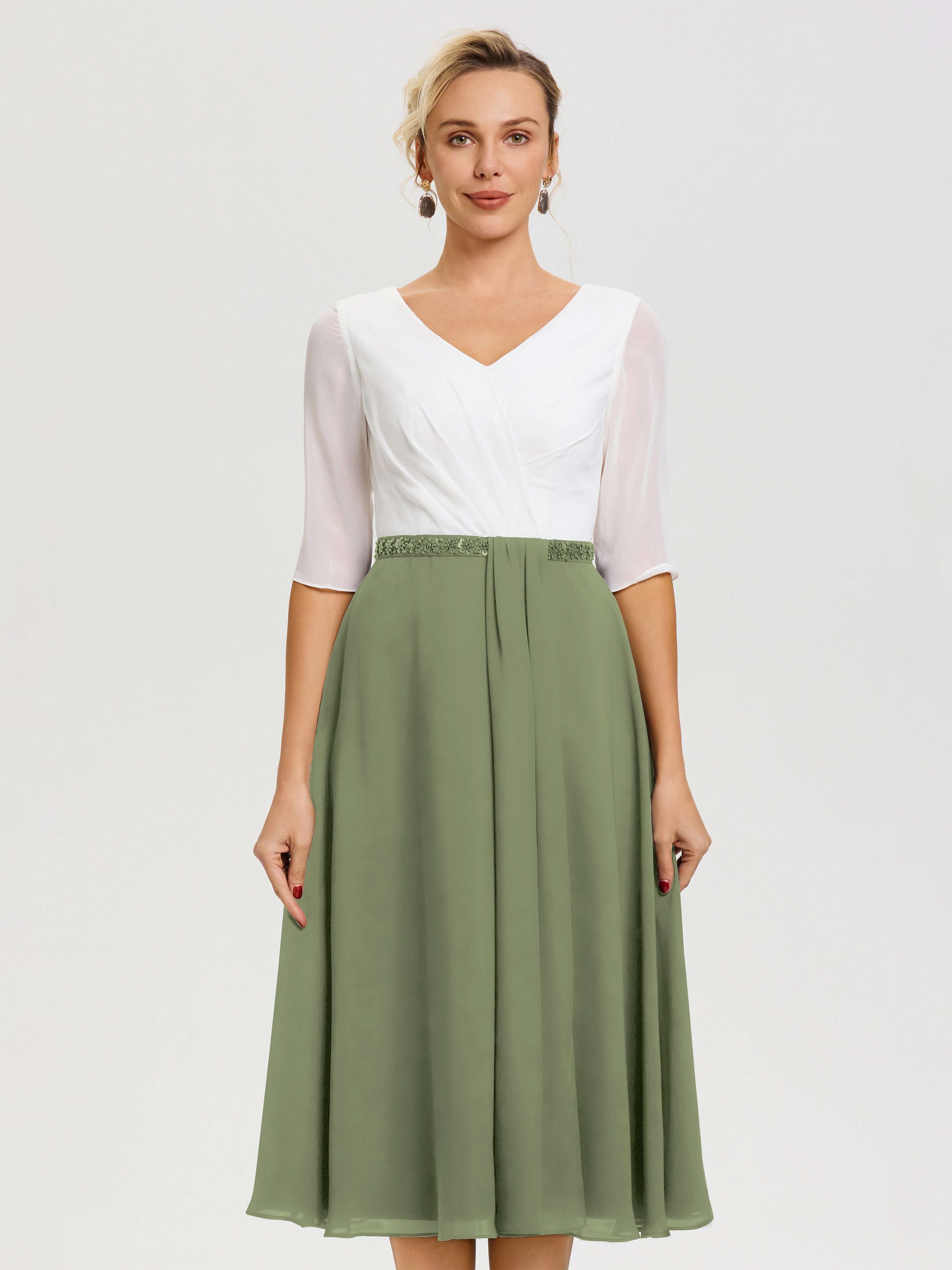 Robe Mère De Marié Vert Olive Col V Mousseline & Dentelle Demi Manches Robe De La Mère Du Marié