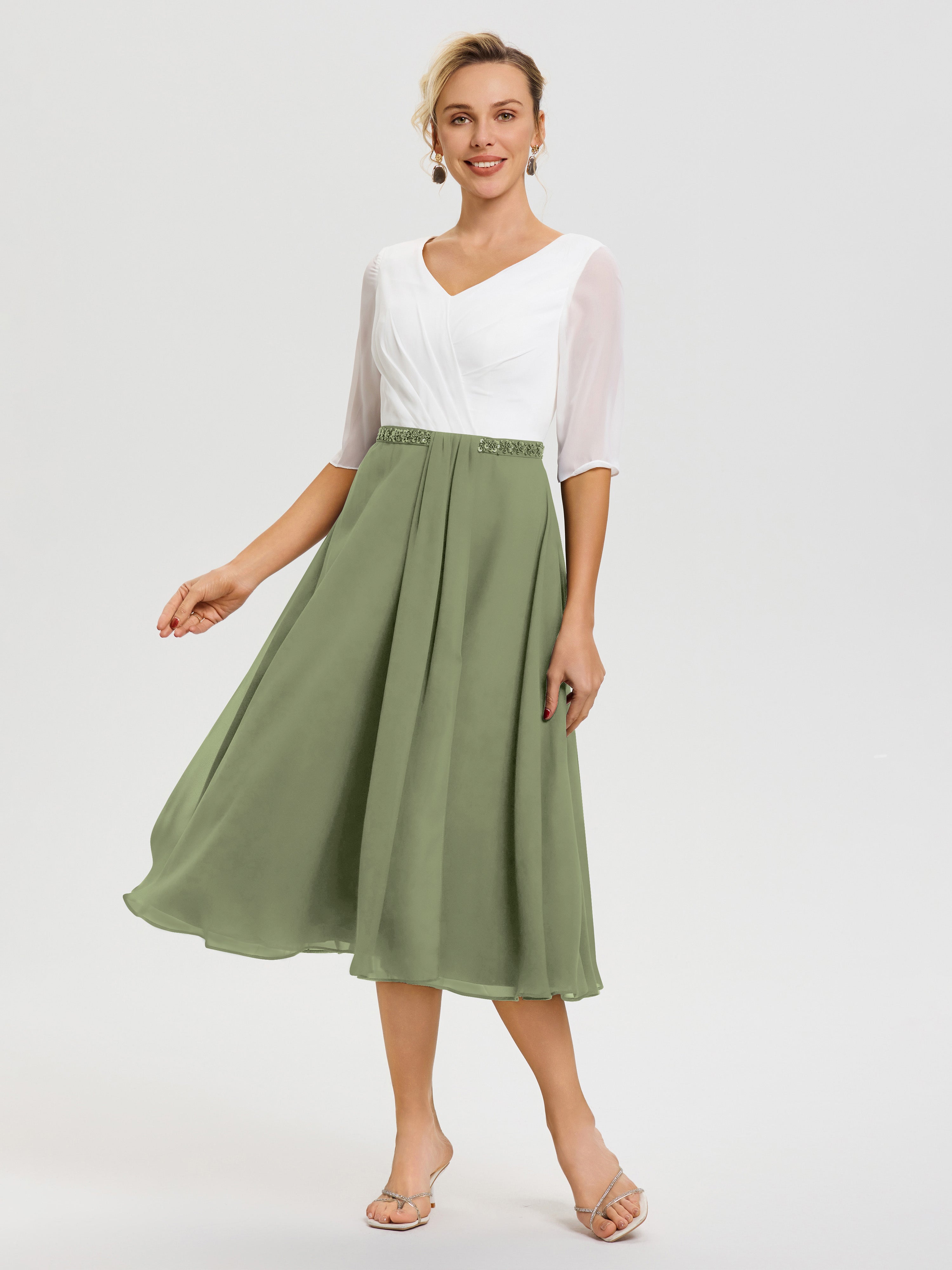 Robe Mère De Marié Vert Olive Col V Mousseline & Dentelle Demi Manches Robe De La Mère Du Marié
