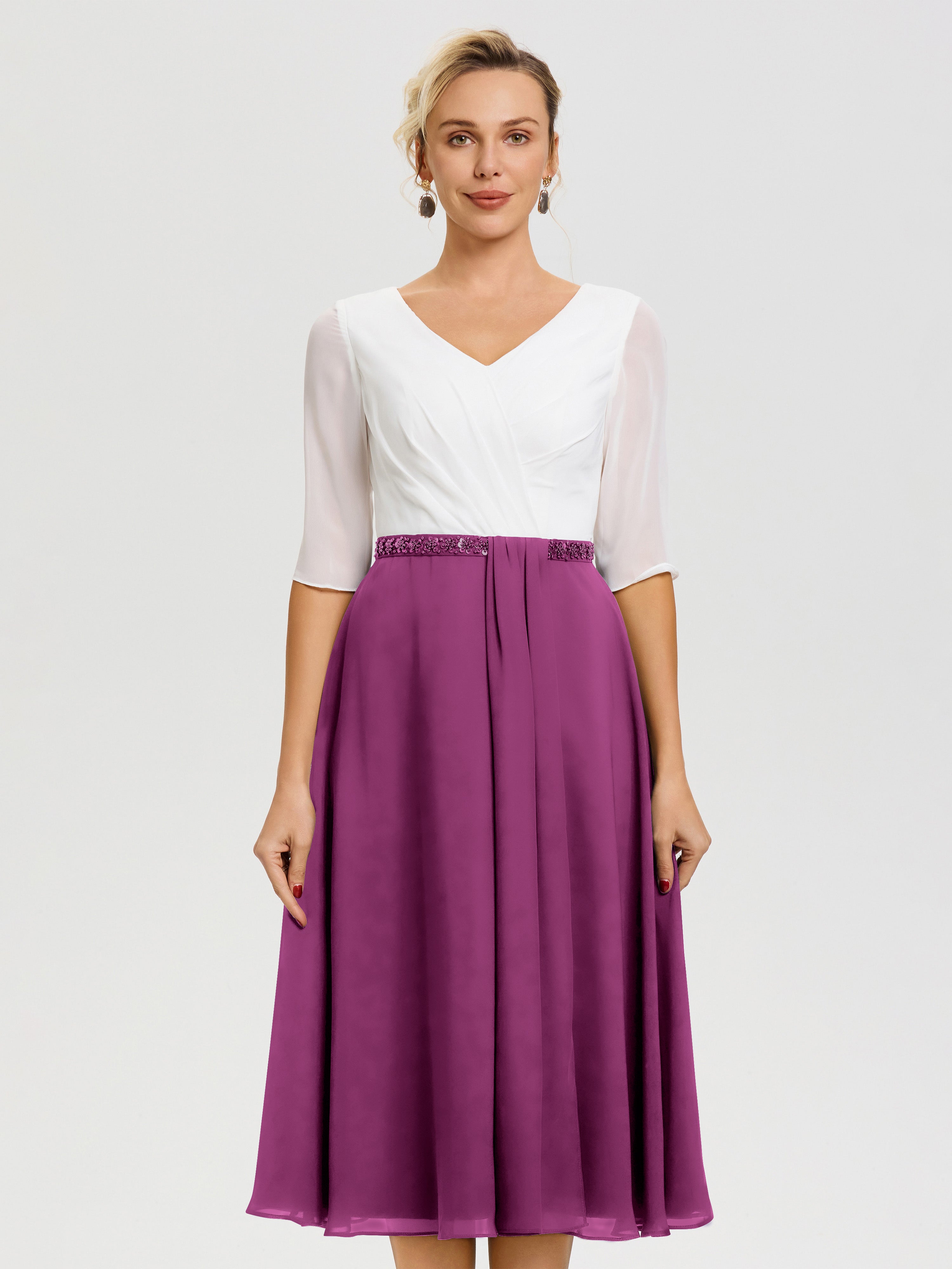 Robe Mariage Mère Du Marié Orchidée Col V Mousseline & Dentelle Demi Manches Robe De La Mère Du Marié