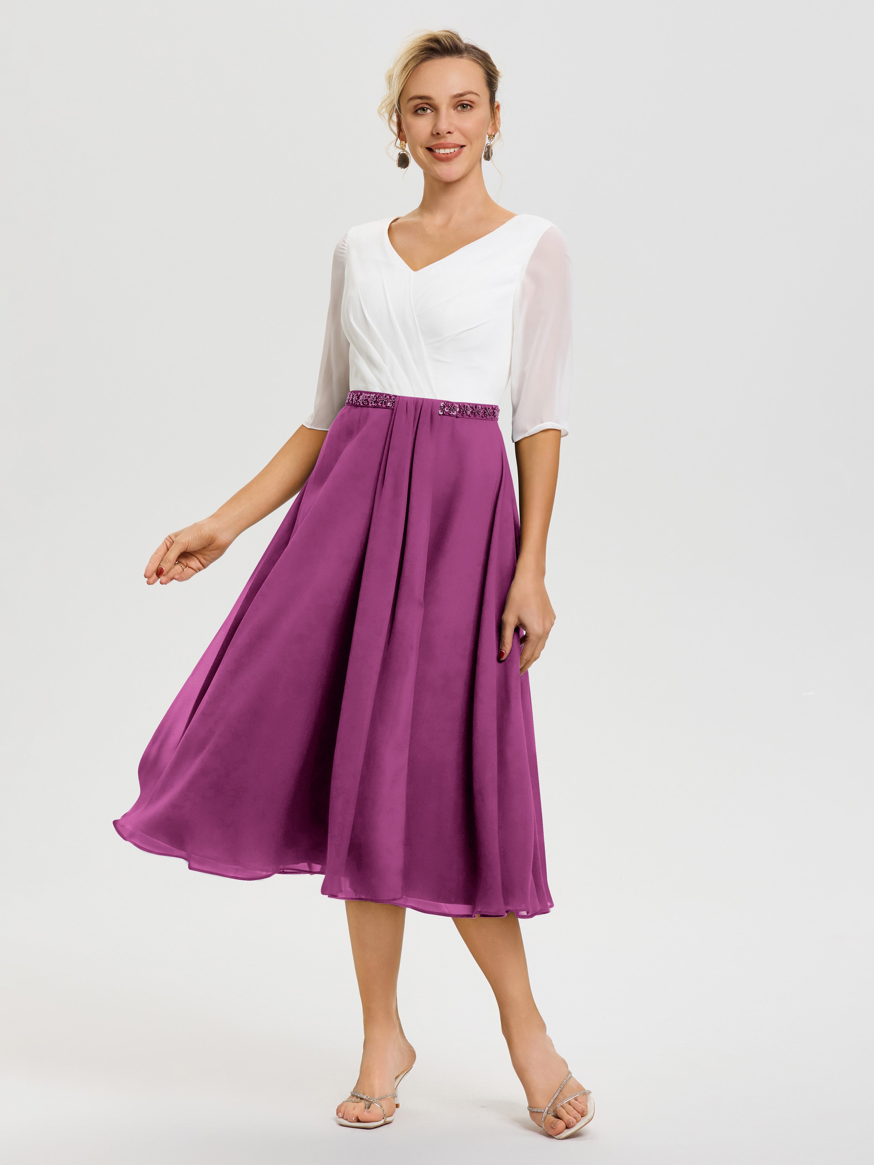 Robe Mariage Mère Du Marié Orchidée Col V Mousseline & Dentelle Demi Manches Robe De La Mère Du Marié