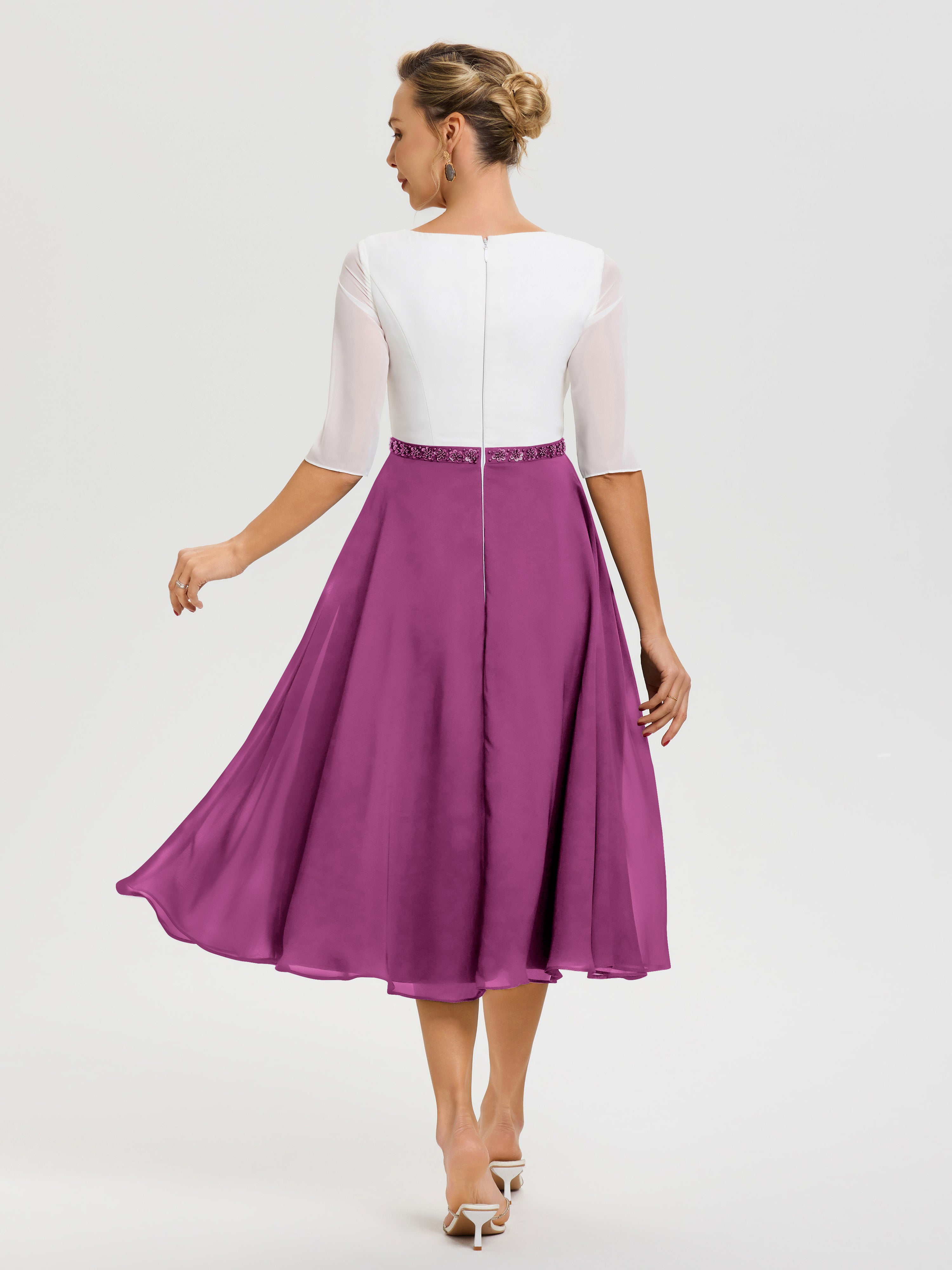Robe Mariage Mère Du Marié Orchidée Col V Mousseline & Dentelle Demi Manches Robe De La Mère Du Marié