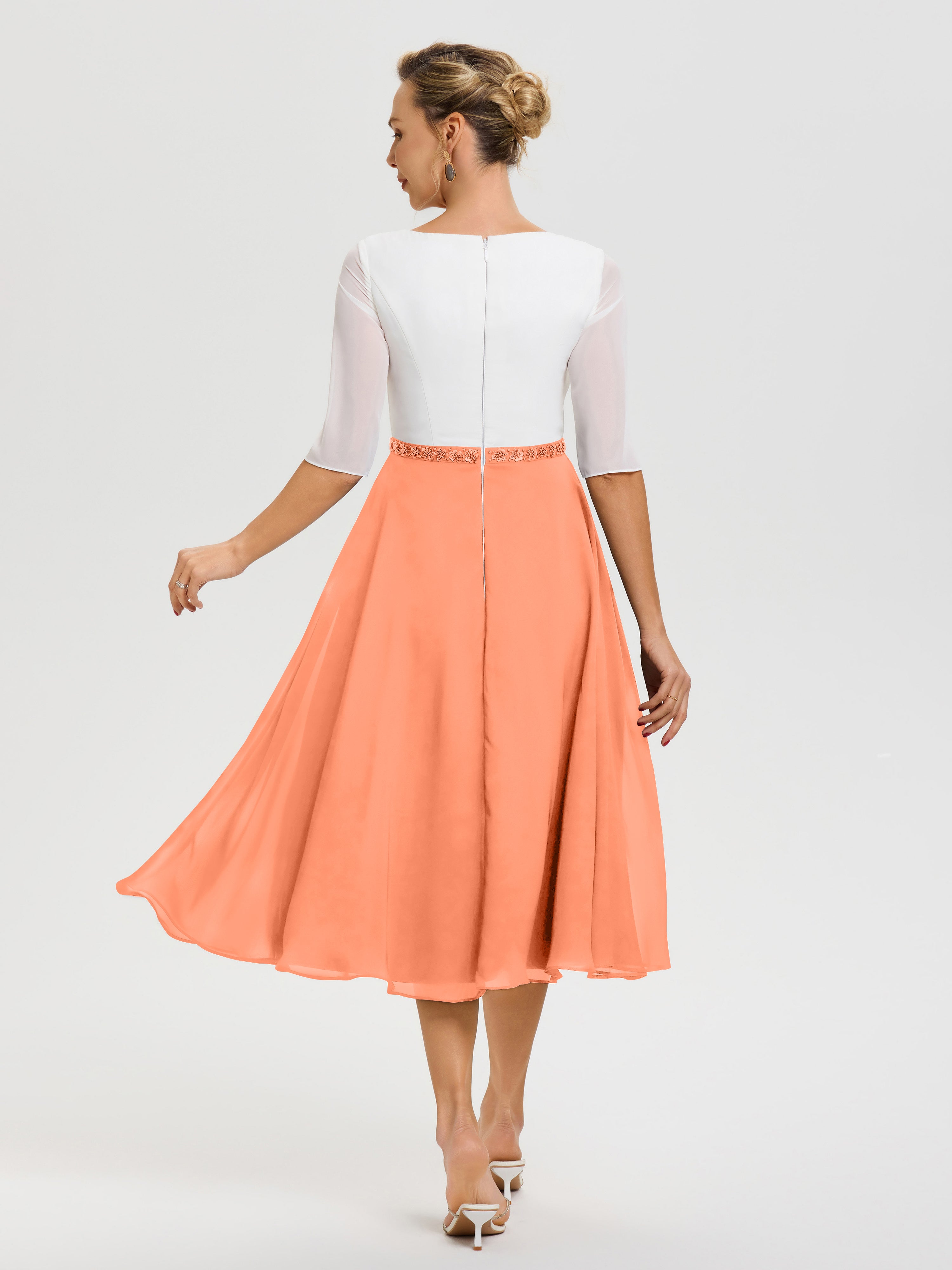 Robe Mariage Mère Du Marié Papaye Col V Mousseline & Dentelle Demi Manches Robe De La Mère Du Marié