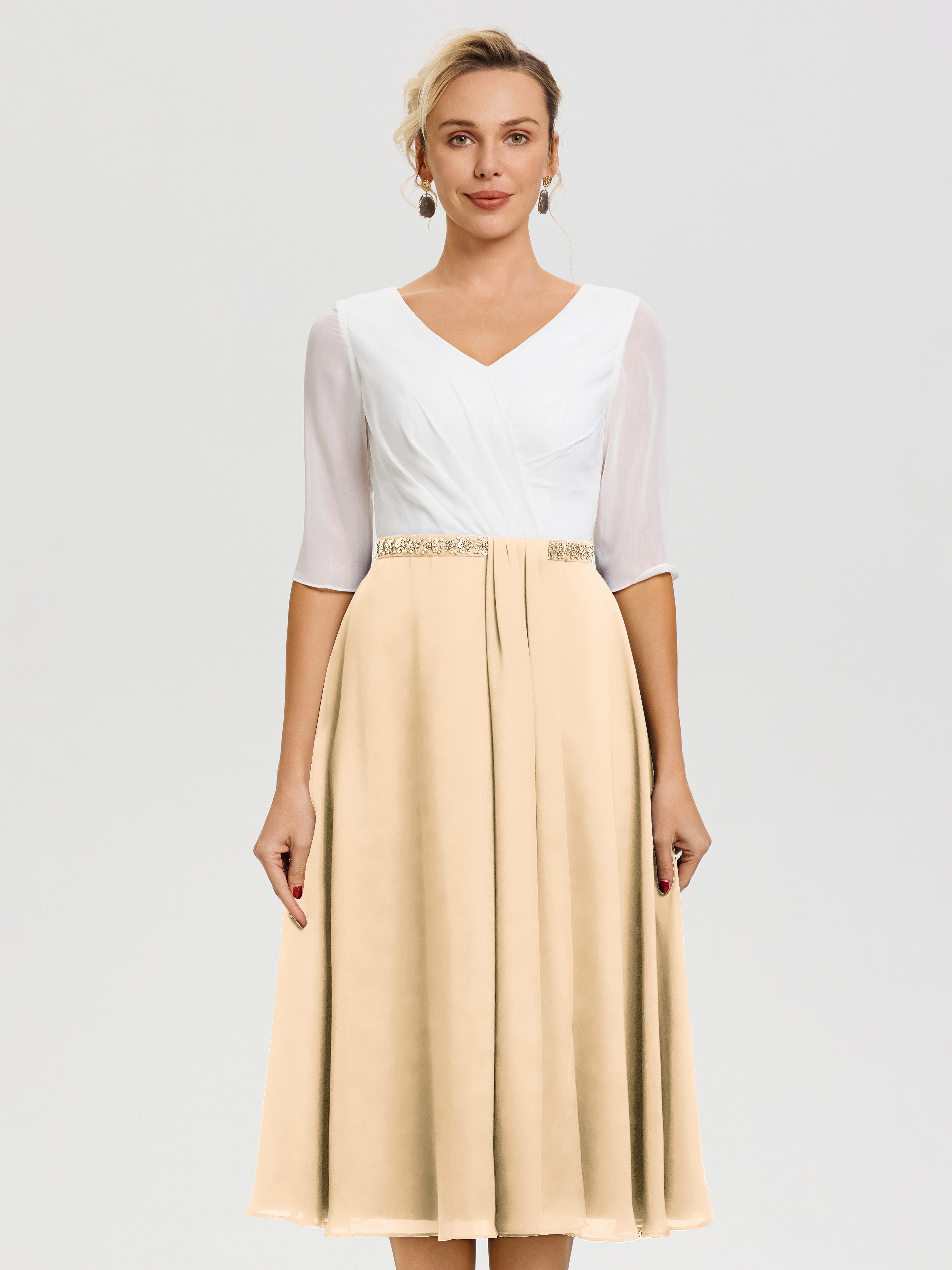 Robe Chic Mère De La Mariée Peche Col V Mousseline & Dentelle Demi Manches Robe De La Mère Du Marié