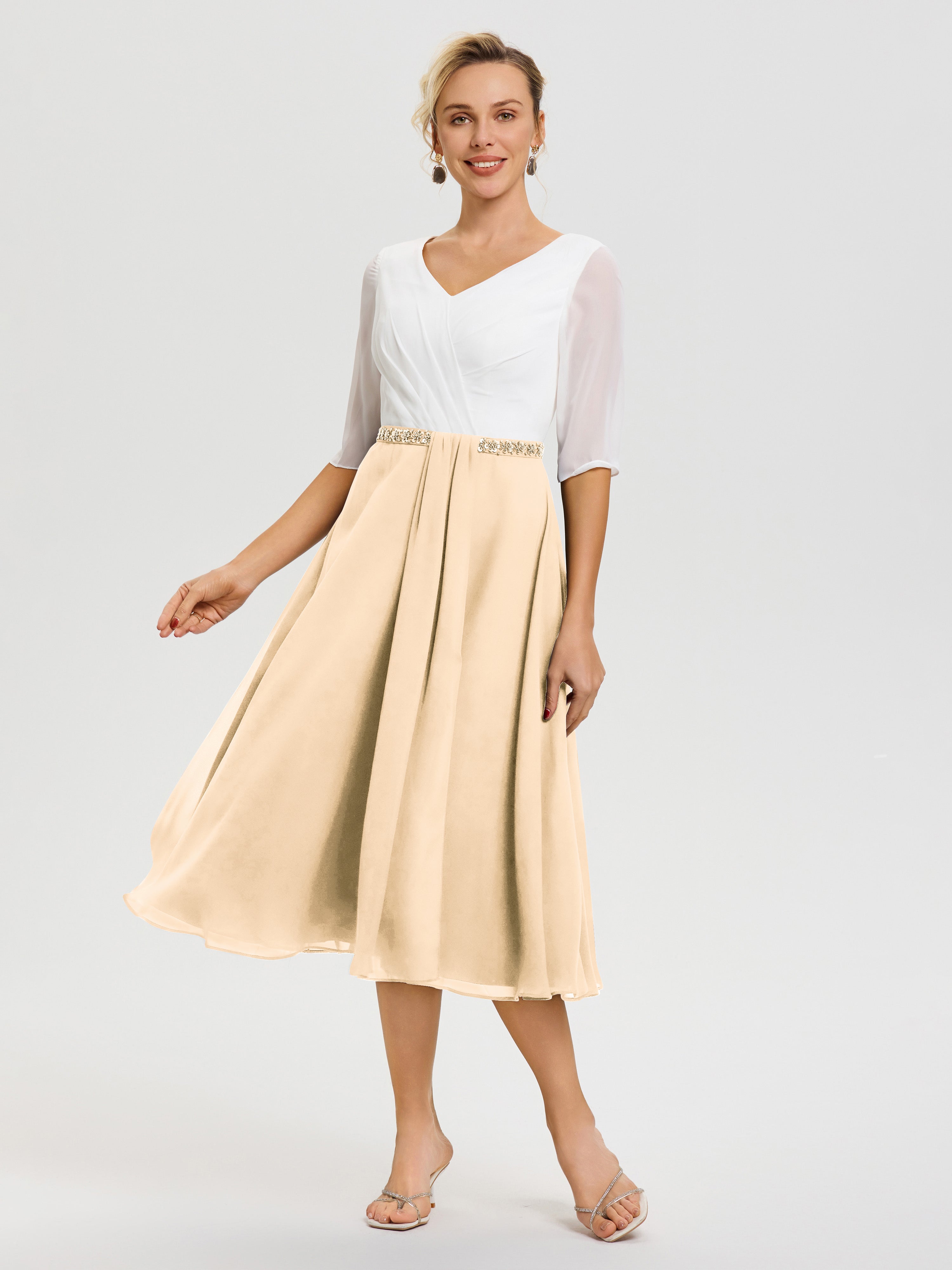 Robe Chic Mère De La Mariée Peche Col V Mousseline & Dentelle Demi Manches Robe De La Mère Du Marié