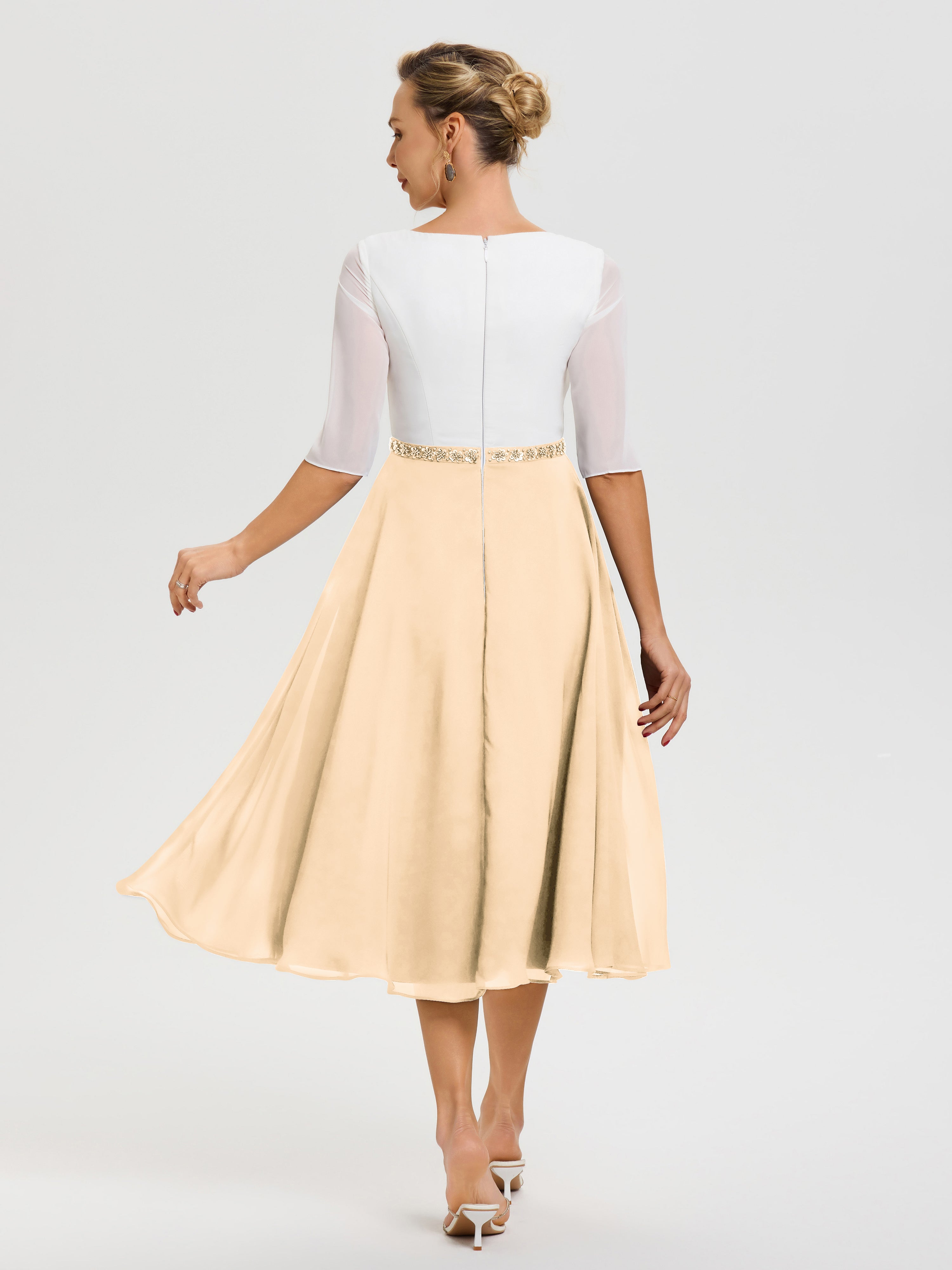 Robe Chic Mère De La Mariée Peche Col V Mousseline & Dentelle Demi Manches Robe De La Mère Du Marié