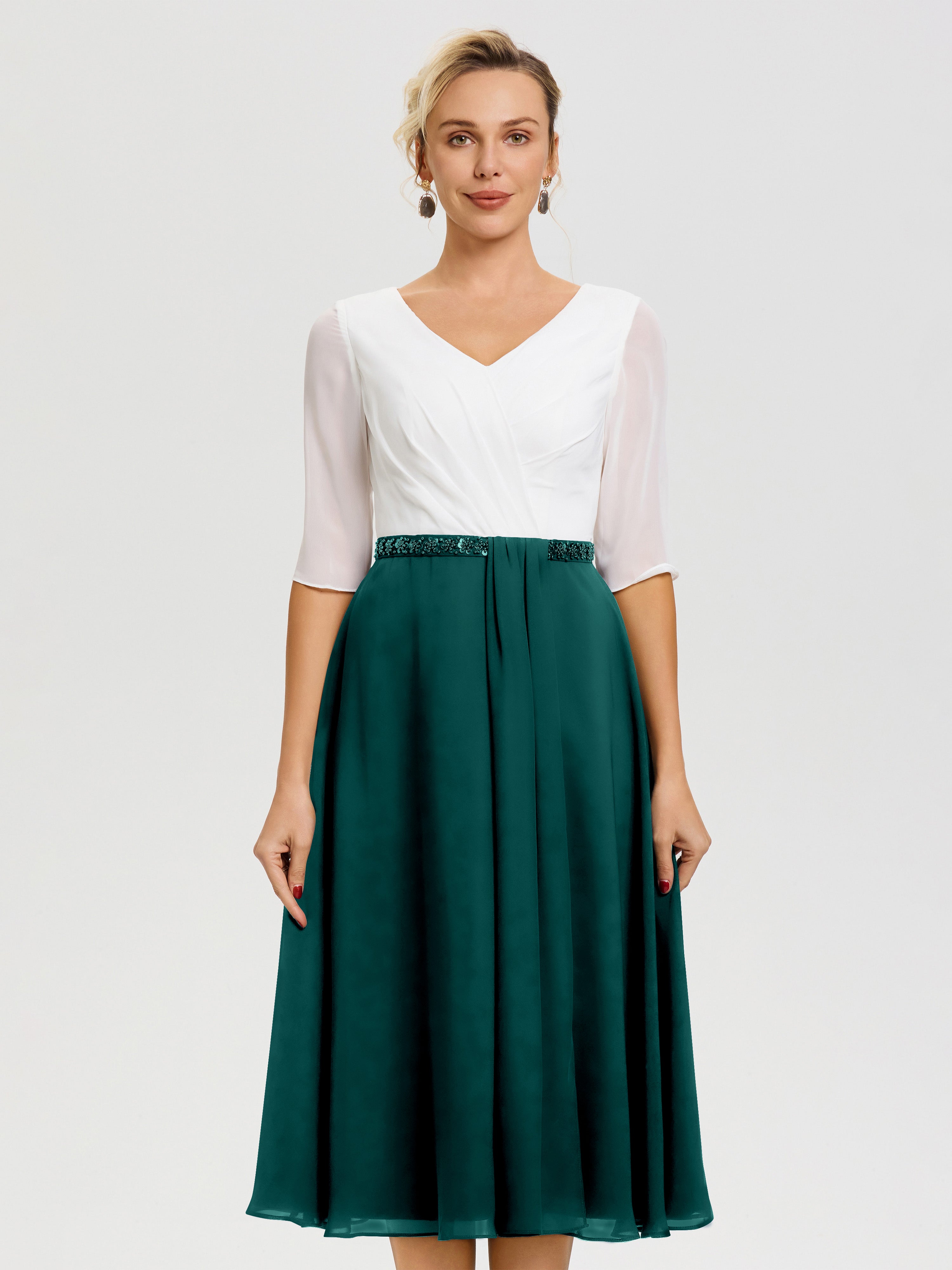 Robe Mariage Mère Du Marié Paon Col V Mousseline & Dentelle Demi Manches Robe De La Mère Du Marié