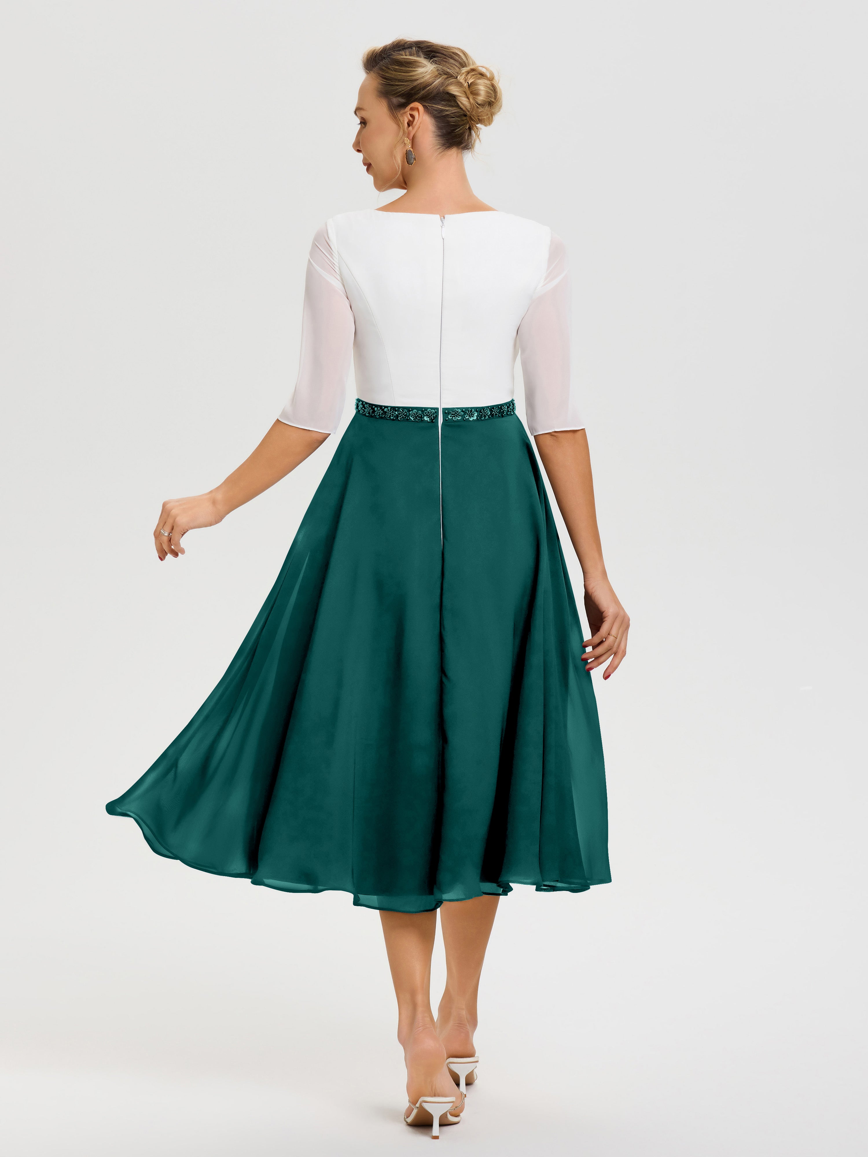 Robe Mariage Mère Du Marié Paon Col V Mousseline & Dentelle Demi Manches Robe De La Mère Du Marié