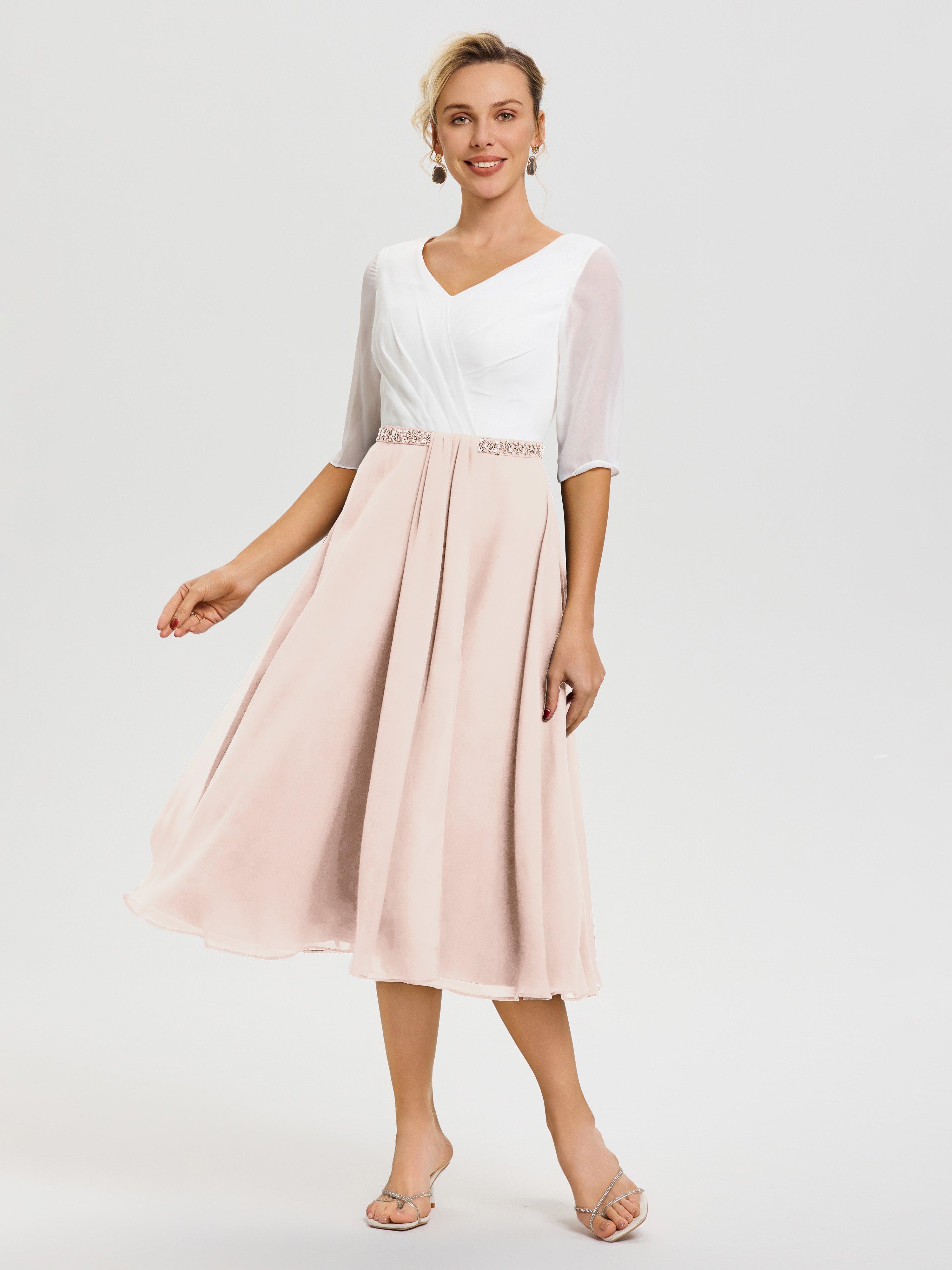 Robe Mariage Mère Du Marié Rose Perle Col V Mousseline & Dentelle Demi Manches Robe De La Mère Du Marié