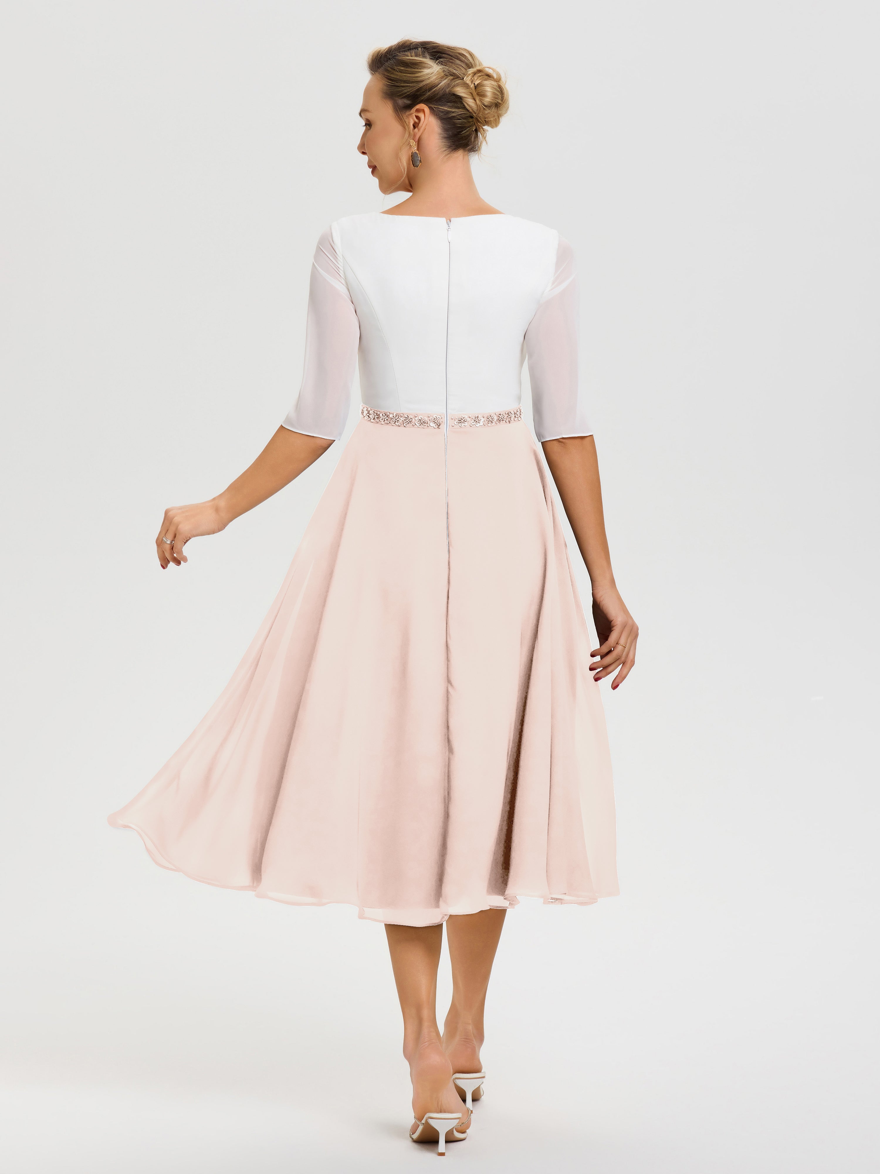 Robe Mariage Mère Du Marié Rose Perle Col V Mousseline & Dentelle Demi Manches Robe De La Mère Du Marié