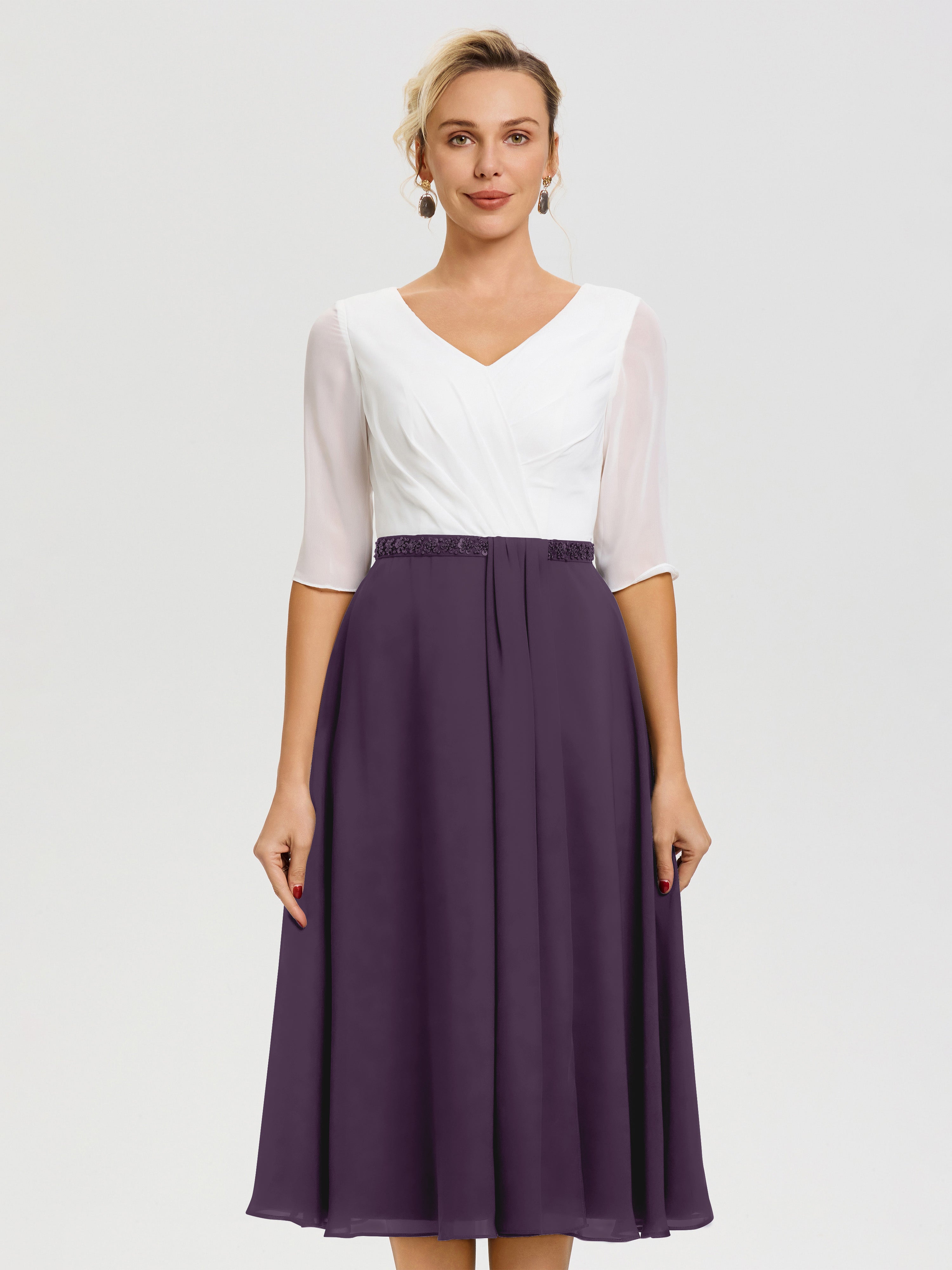 Robe Mariage Mère Du Marié Plum Col V Mousseline & Dentelle Demi Manches Robe De La Mère Du Marié